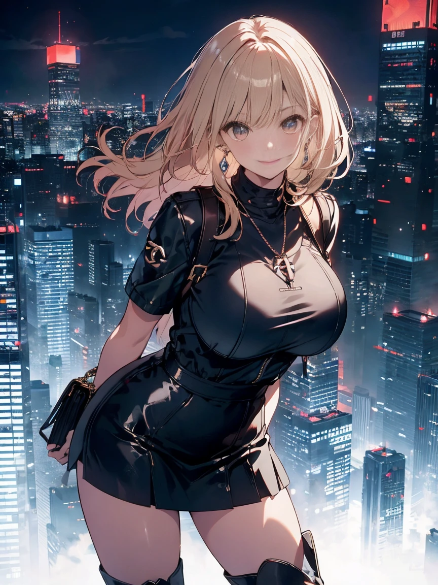 Straight Hair、Brown Hair,((Highly detailed golden sexy dress)), Looks about , (beautiful girl: 1.3),1girl,Highest quality,8k,Highly detailed CG unit wallpaper,masterpiece:1.2,Highest quality,Ultra-high resolution,RAW Photos,Realistic textured skin,Cinema Lighting,happy,Big eyes,Detailed eyes,Wet,Wet,(Glossy lipstick,Perfect Makeup,Ultra-high definition beauty face,Huge building,Metropolis,voluptuous,(Big, round and beautifully shaped butt),(Standing on the rooftop of a skyscraper in Cyber City),(Panoramic View),night,Detailed neon lights,shoot from front,close up,extreme, silver hair, heart style sunglass, 