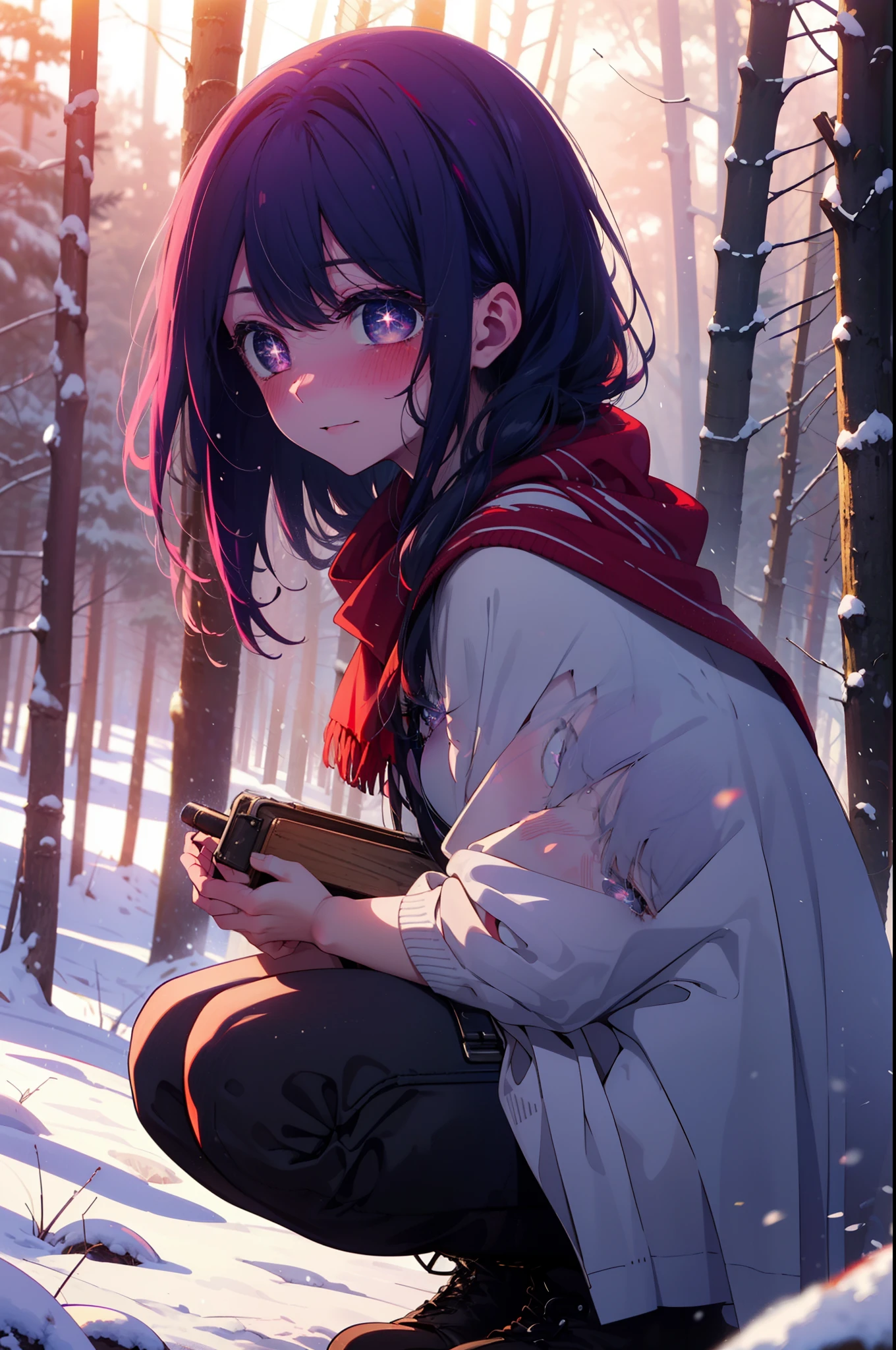 aihoshino, Ai Hoshino, Long Hair, bangs, (Purple eyes:1.1), Purple Hair, (Symbol-shaped pupil:1.5), smile,,smile,blush,White Breath,
Open your mouth,snow,Ground bonfire, Outdoor, boots, snowing, From the side, wood, suitcase, Cape, Blurred, , forest, White handbag, nature, Squat, Mouth closed, Cape, winter, Written boundary depth, Black shoes, red Cape break looking at viewer, Upper Body, whole body, break Outdoor, forest, nature, break (masterpiece:1.2), highest quality, High resolution, unity 8k wallpaper, (shape:0.8), (Beautiful and beautiful eyes:1.6), Highly detailed face, Perfect lighting, Highly detailed CG, (Perfect hands, Perfect Anatomy),