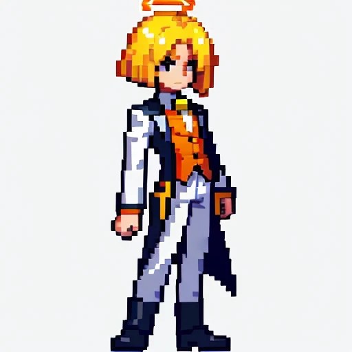 Pixel art, full body, facing left (important), alone, standing upright, long sleeve tuxedo with open front, boots. Hair color: Light medium blonde bob with parted bangs. Clothes: He wears an orange long-sleeved tuxedo with an open front and a yellow vest underneath. Trousers: white pants. Shoes: Yellow boots.