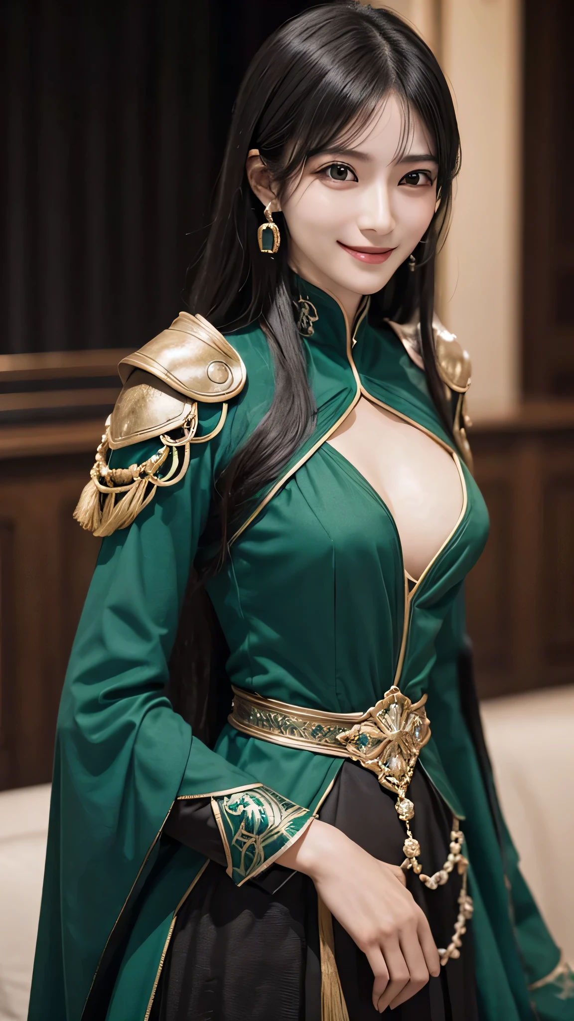 1 of 1 girls, armor, black_hair, Blurred, Blurred_background, Blurred_prospect, chest, green_eye, Closed_mouth, depth_of_Field, Earrings, jewelry, length_hair, Looking_in_Audience, smile, One person in, upper_body