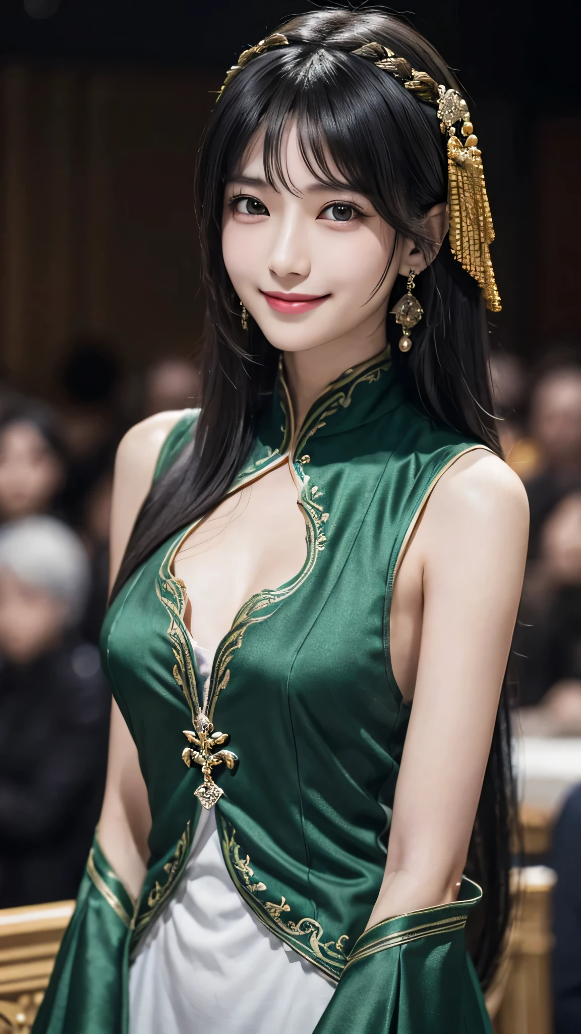 1 of 1 girls, armor, black_hair, Blurred, Blurred_background, Blurred_prospect, chest, green_eye, Closed_mouth, depth_of_Field, Earrings, jewelry, length_hair, Looking_in_Audience, smile, One person in, upper_body