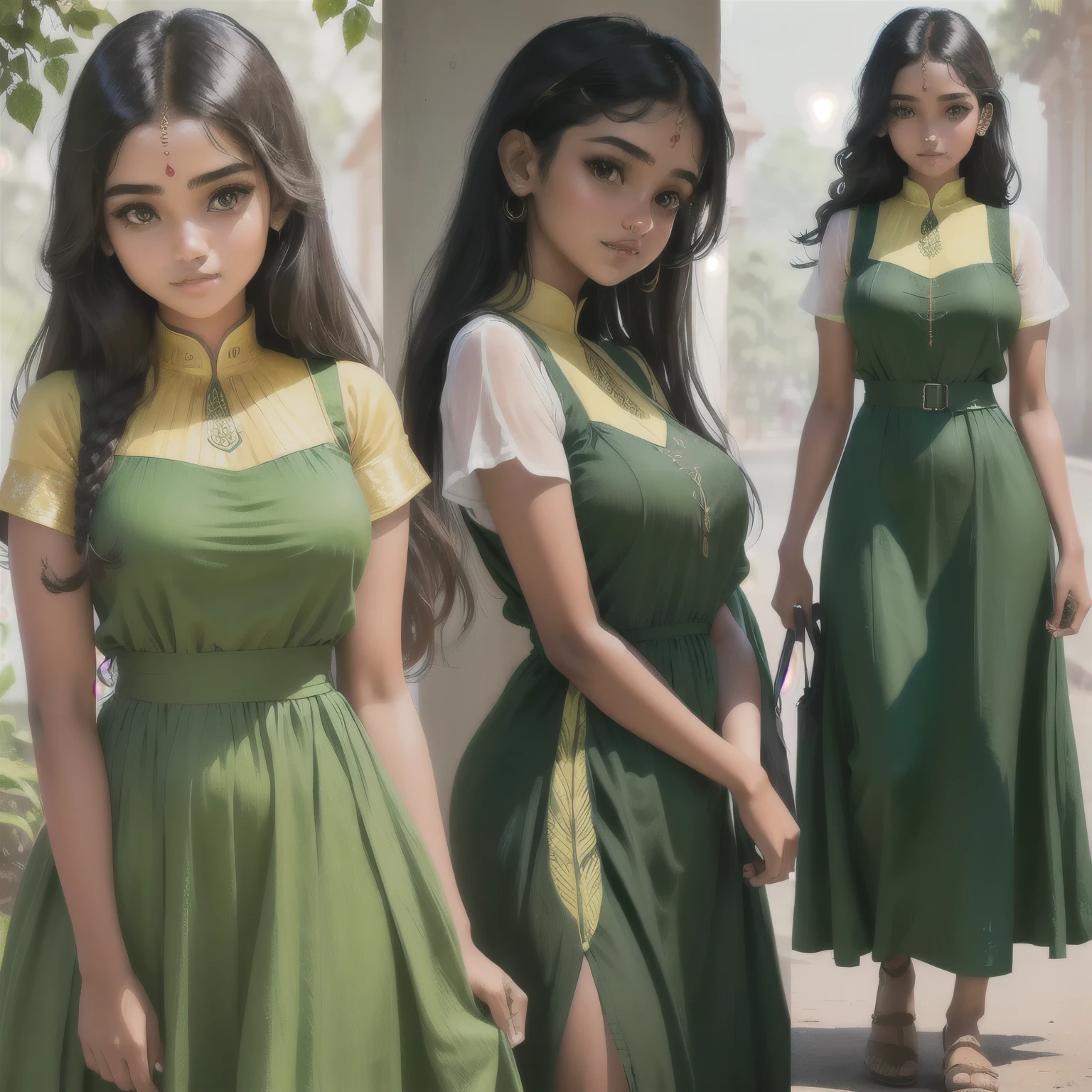 (Character design front ) green dress, modern Sri Lanka girl , 22 female , traditional