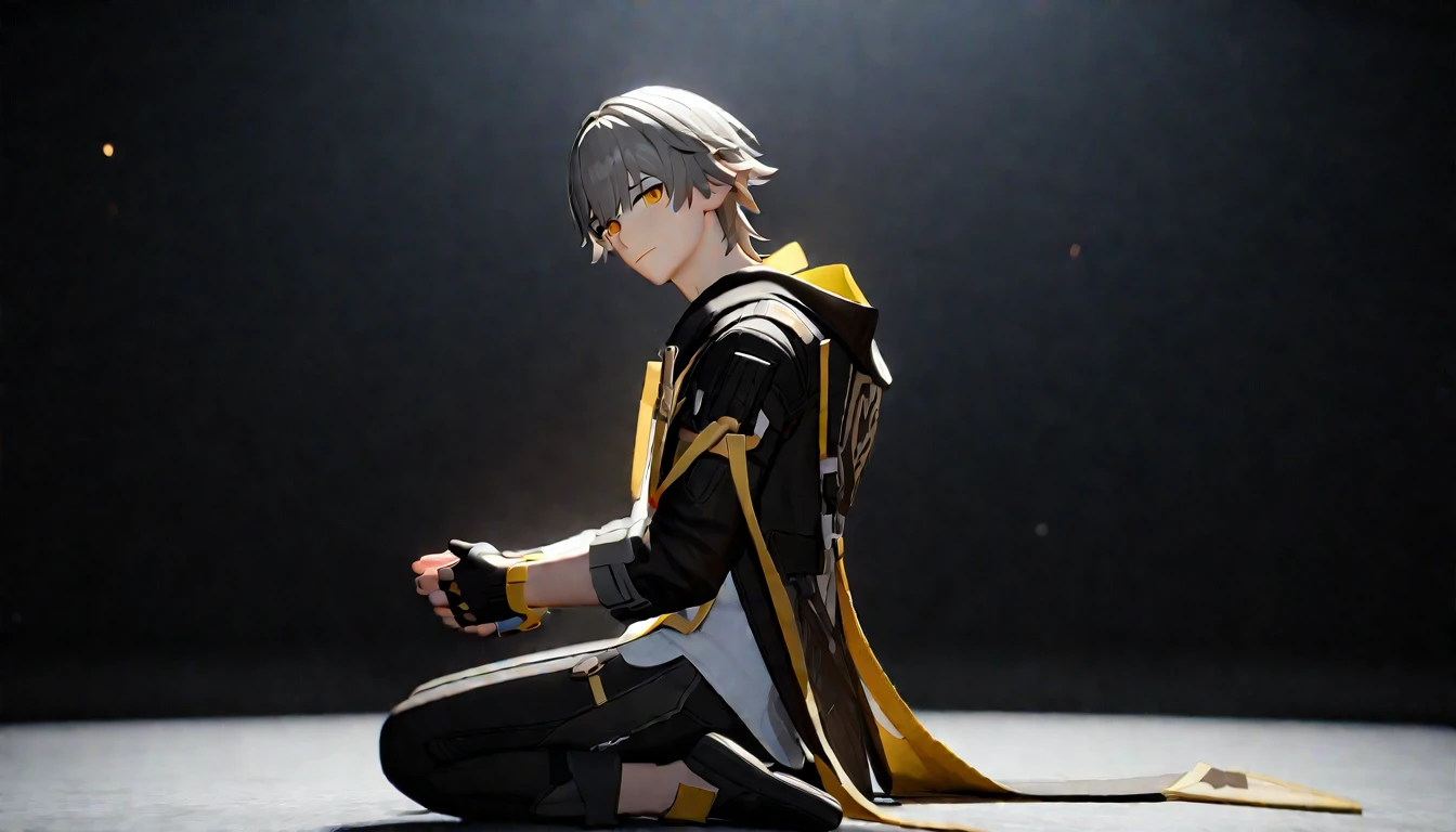 (1boy), caelus \(honkai star rail\), honkai star rail, black jacket, white shirt, grey hair, (caelus), 3d, looking at viewer, detailed eyes, (night), kneeling, (dark space, empty space, side view, from side, no light, no object, no light)