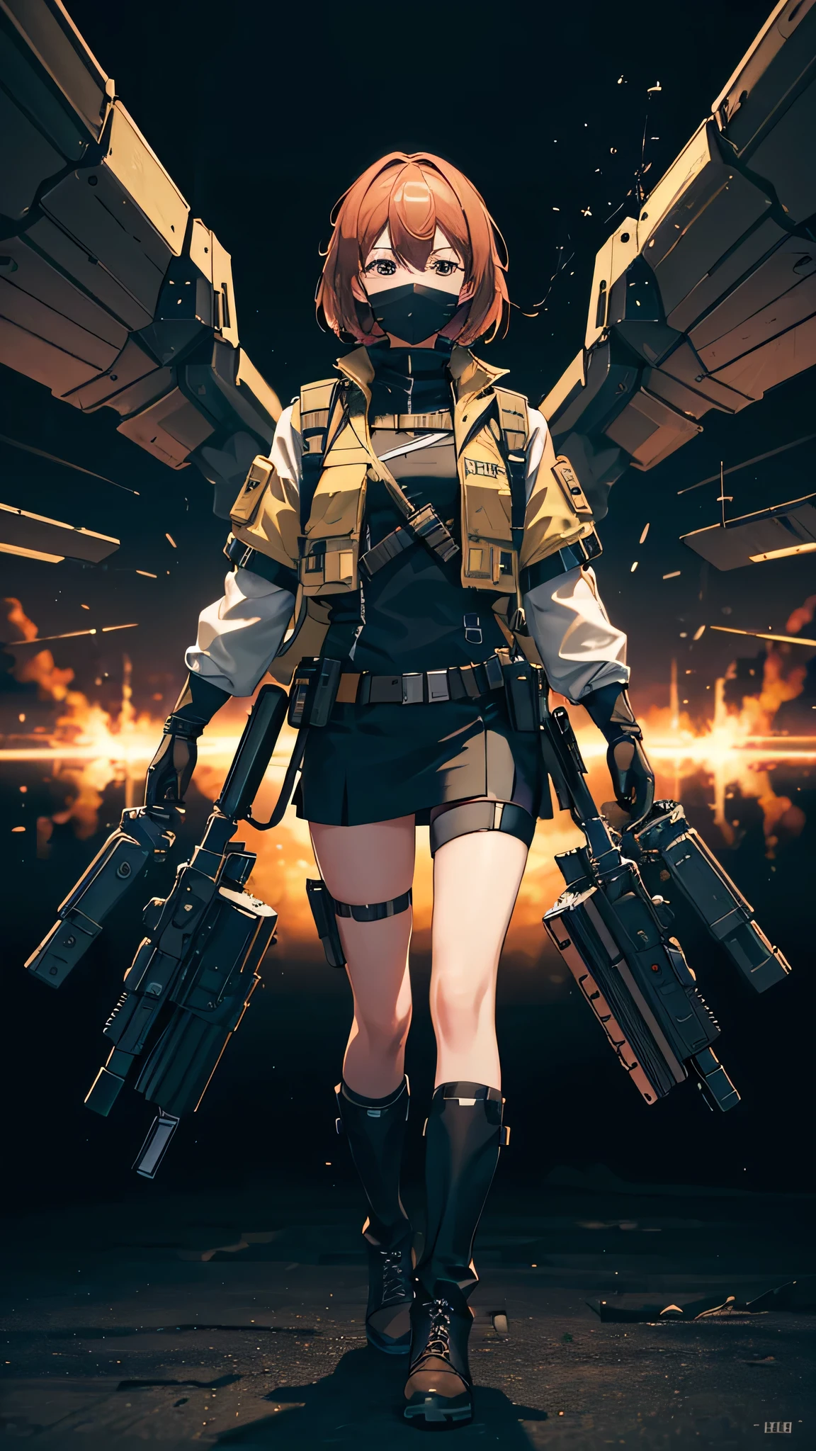 ((high quality)), ((masterpiece)), 8k, One girl, Bulletproof vest, light, Highly detailed CG Unity 8k wallpaper, Game CG, View your viewers, gloves, boots, whole body, clock, computer, mask, Drone, Have a weapon, Jacket, (Background Destroyed city , explosion , cigarette