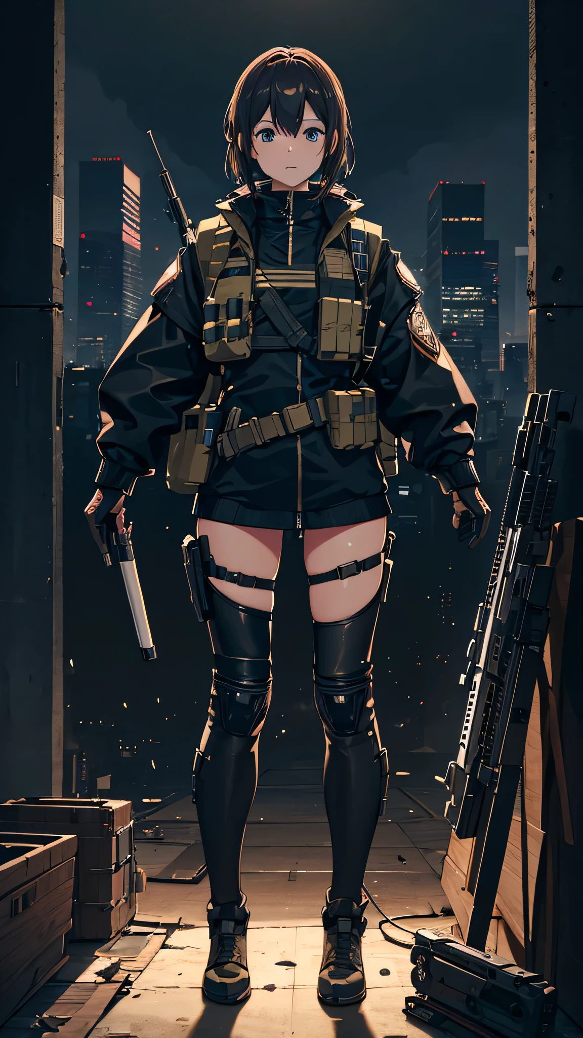 ((high quality)), ((masterpiece)), 8k, One girl, Bulletproof vest, light, Highly detailed CG Unity 8k wallpaper, Game CG, View your viewers, gloves, boots, whole body, clock, computer, mask, Drone, Have a weapon, Jacket, (Background Destroyed city , explosion , cigarette