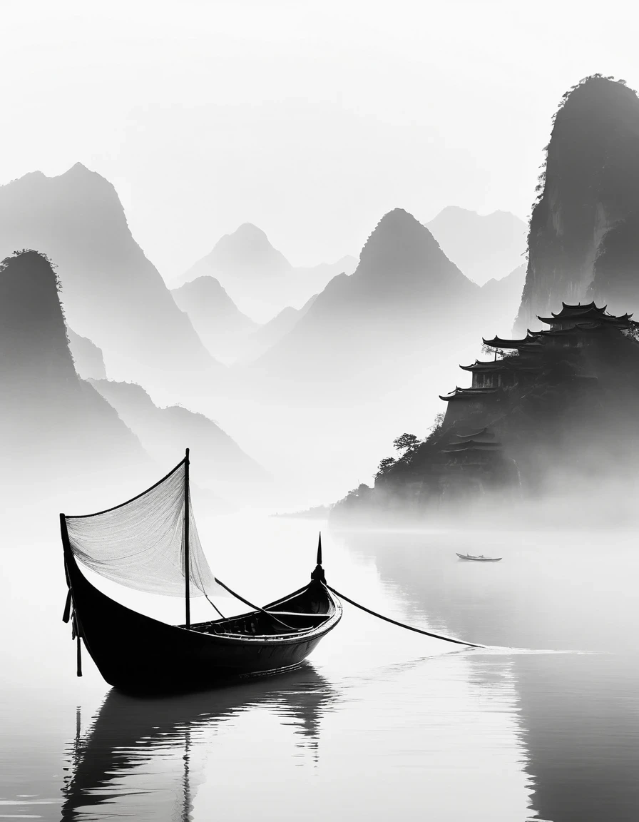 Black and white ink, white translucent, minimalism, large blank areas, perspective aesthetics, ancient Chinese minimalist paintings, boats, mountains looming in the distance, transparent model, macro zoom, veil, veil filled with calligraphy, pure white background, artistic conception, depth of field , black and white photography