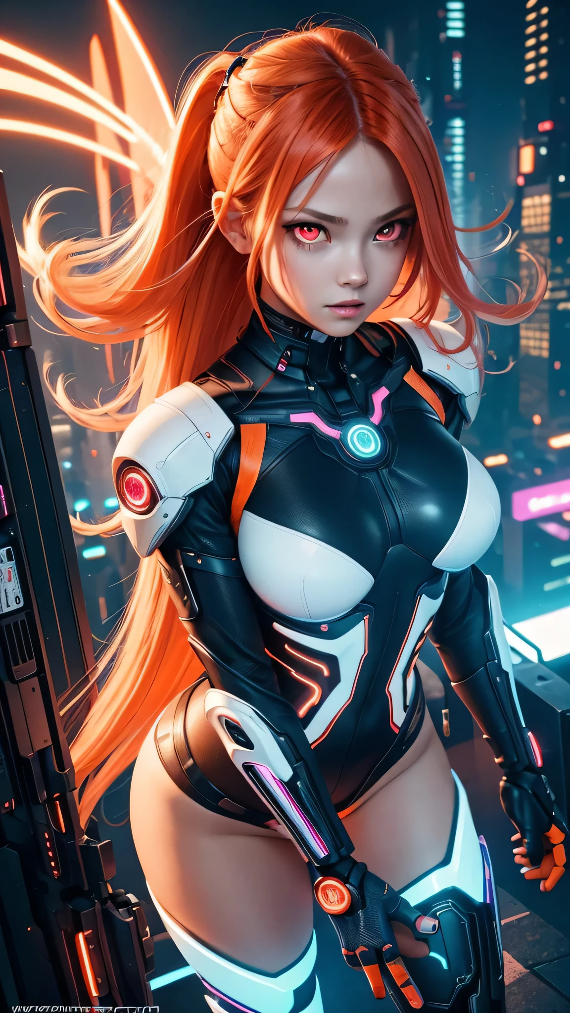 (SFW), Intricate details, One girl, night, (Bright neon colors), ((Flying over a futuristic cyberpunk city)), Detailed Background, (Petite cyborg girl, ((Cute perfect face, Bright red eyes)), (Perfect Anatomy, and firm breasts), (Extremely long orange and white gradient hair, Hair blowing in the wind)), Detailed ribbed impossible bodysuit, Pauldrons, Cybernetic limbs, Dynamic Angle,