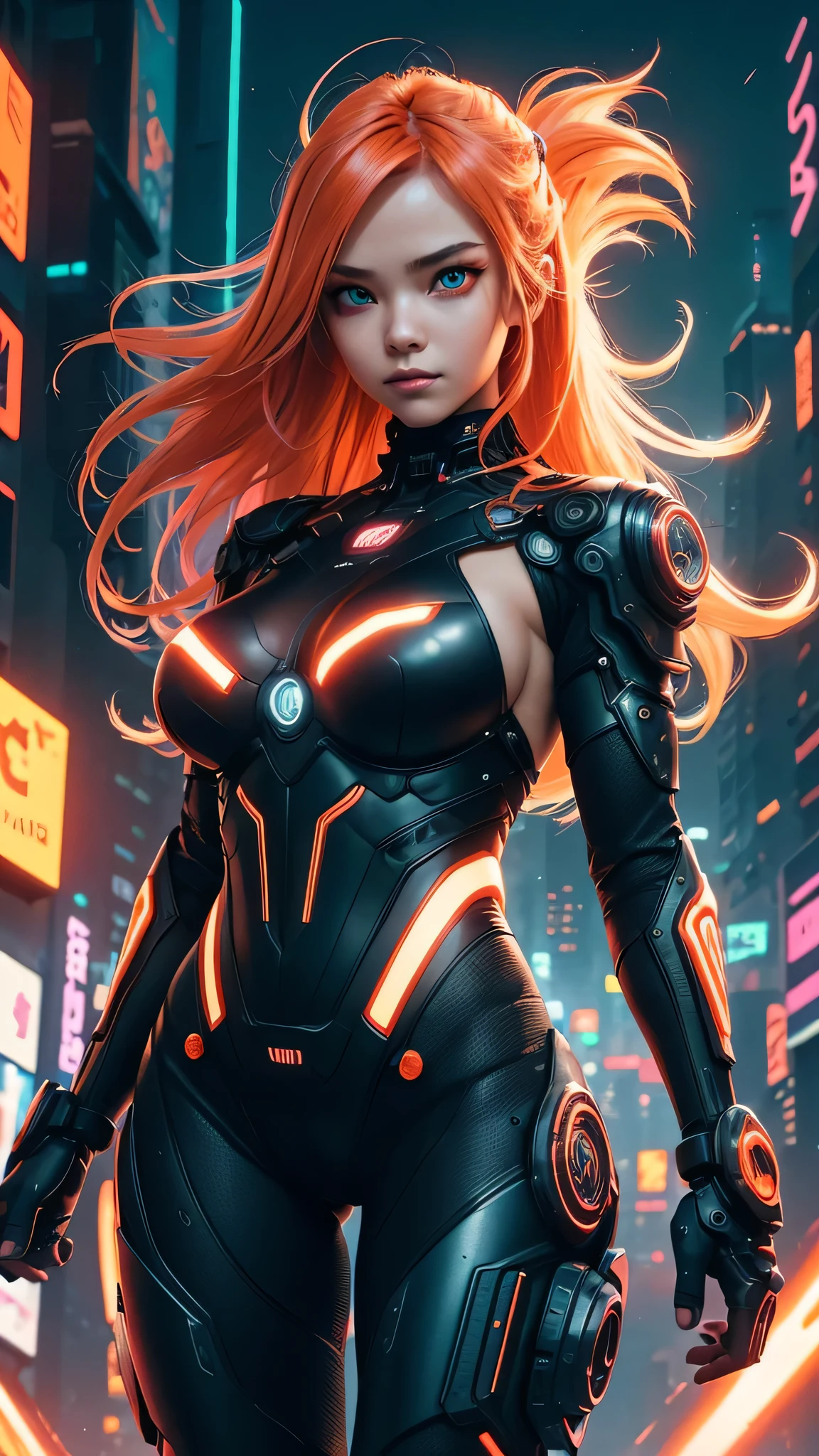 (SFW), Intricate details, One girl, night, (Bright neon colors), ((Flying over a futuristic cyberpunk city)), Detailed Background, (Petite cyborg girl, ((Cute perfect face, Bright red eyes)), (Perfect ???????,  and firm breasts), (Extremely long orange and white gradient hair, Hair blowing in the wind)), Detailed ribbed impossible bodysuit, Pauldrons, Cybernetic limbs, Dynamic Angle,