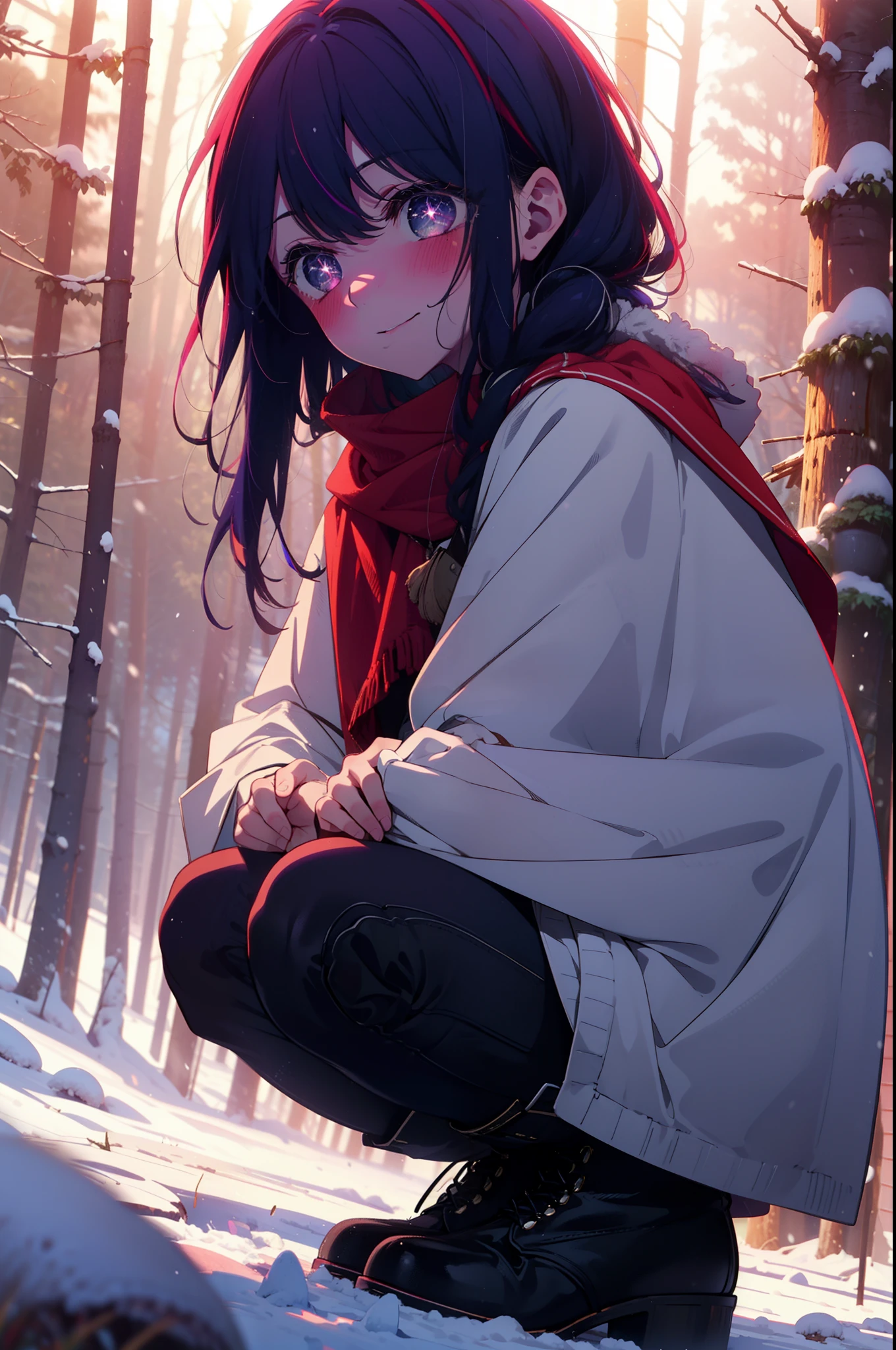 aihoshino, Ai Hoshino, Long Hair, bangs, (Purple eyes:1.1), Purple Hair, (Symbol-shaped pupil:1.5), smile,,smile,blush,White Breath,
Open your mouth,snow,Ground bonfire, Outdoor, boots, snowing, From the side, wood, suitcase, Cape, Blurred, , forest, White handbag, nature, Squat, Mouth closed, Cape, winter, Written boundary depth, Black shoes, red Cape break looking at viewer, Upper Body, whole body, break Outdoor, forest, nature, break (masterpiece:1.2), highest quality, High resolution, unity 8k wallpaper, (shape:0.8), (Beautiful and beautiful eyes:1.6), Highly detailed face, Perfect lighting, Highly detailed CG, (Perfect hands, Perfect Anatomy),