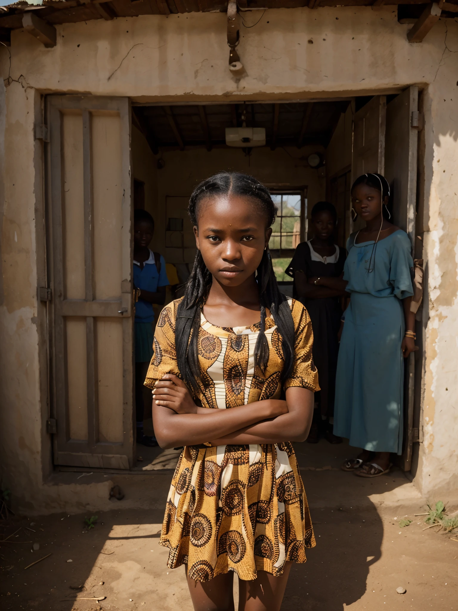 An image with an African teenage girl wearing a and an abusive man behind her. Her siblings an school learners behind her with a rural background