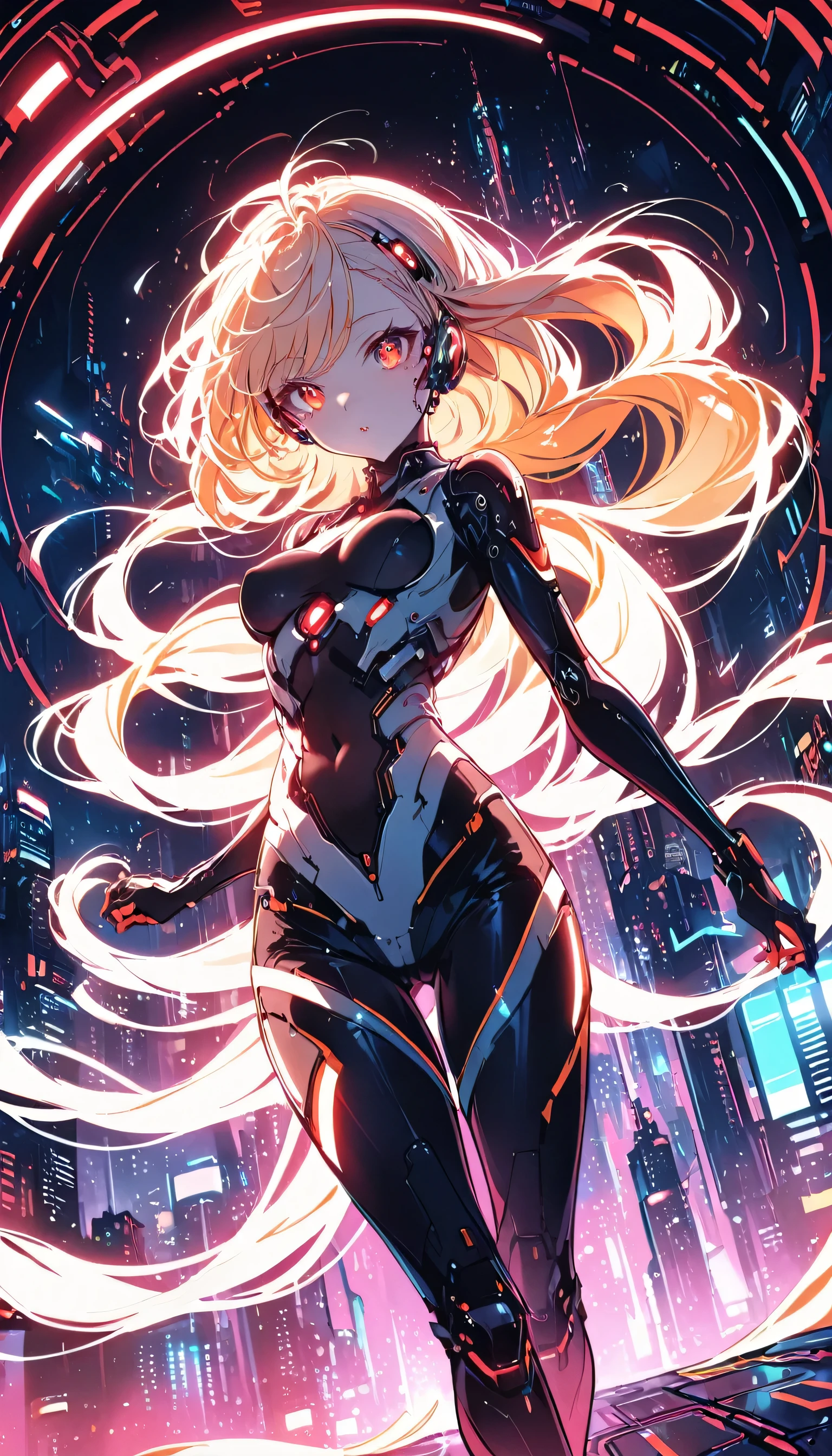 (SFW), Intricate details, One girl, night, (Bright neon colors), ((Flying over a futuristic cyberpunk city)), Detailed Background, (Petite cyborg girl, ((Cute perfect face, Bright red eyes)), (Perfect Anatomy,  and firm breasts), (Extremely long orange and white gradient hair, Hair blowing in the wind)), Detailed ribbed impossible bodysuit, Pauldrons, Cybernetic limbs, Dynamic Angle, 