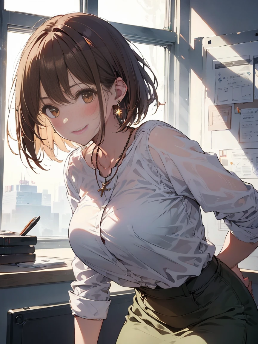 masterpiece, sharp focus, best quality, depth of field, cinematic lighting, aesthetic, detailed face ((realistic)), 1 girl, brown hair, office lady, earrings, necklace, brown hair, wear a white shirt, pencil skirt, light green bra, leaning forward, cute face, smile, blushing, in the office (fine details), front view, low angle,