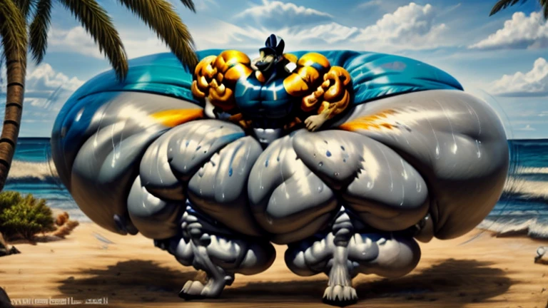 4k, high resolution, best quality, perfect lightning, perfect, solo, anthro, young, boy,white wolf:2.0, furry body, (fluffy mane:1.2), fluffy tail, male, adult, (bulky2:0, thick muscles2:0, huge muscles:2.0, hyper muscles:2.0), (thick biceps, veiny biceps, broad shoulders:2.0), (thick legs, thick calves:1.1), (digitigrade legs, 4 toes:1.2), perfect colors, (photorealistic fur, detailed fur, epic, masterpiece), (suggestive posing:1.2), (seductive smile, lustful grin 1.3), detailed beach,detailed wolf eyes:2.0, by k0suna, by darkgem，nipple ring，hyper arms:2.0，veins,white body,white fur,hyper butt:2.0,hyper paws:2.0，standing，thick legs，thick butts:2.0,sweat body:2.0,massive butt:2.0,black hat,hyper ass:2.0,huge ass,long legs,juicy butt:2.0,butt like a mountain:2.0,butt with colorful patterns:2.0,wide butt,hyper wide butt