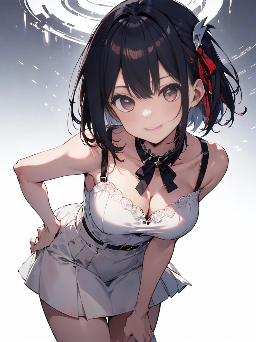 (((masterpiece))), (((ultra details))), (((sharp details))), 1 girl, black short straight hair, wearing white camisole dress, shiny skin, nice body, (((masterpiece))), (((ultra details))), (((sharp details))), shy smile, leaning forward