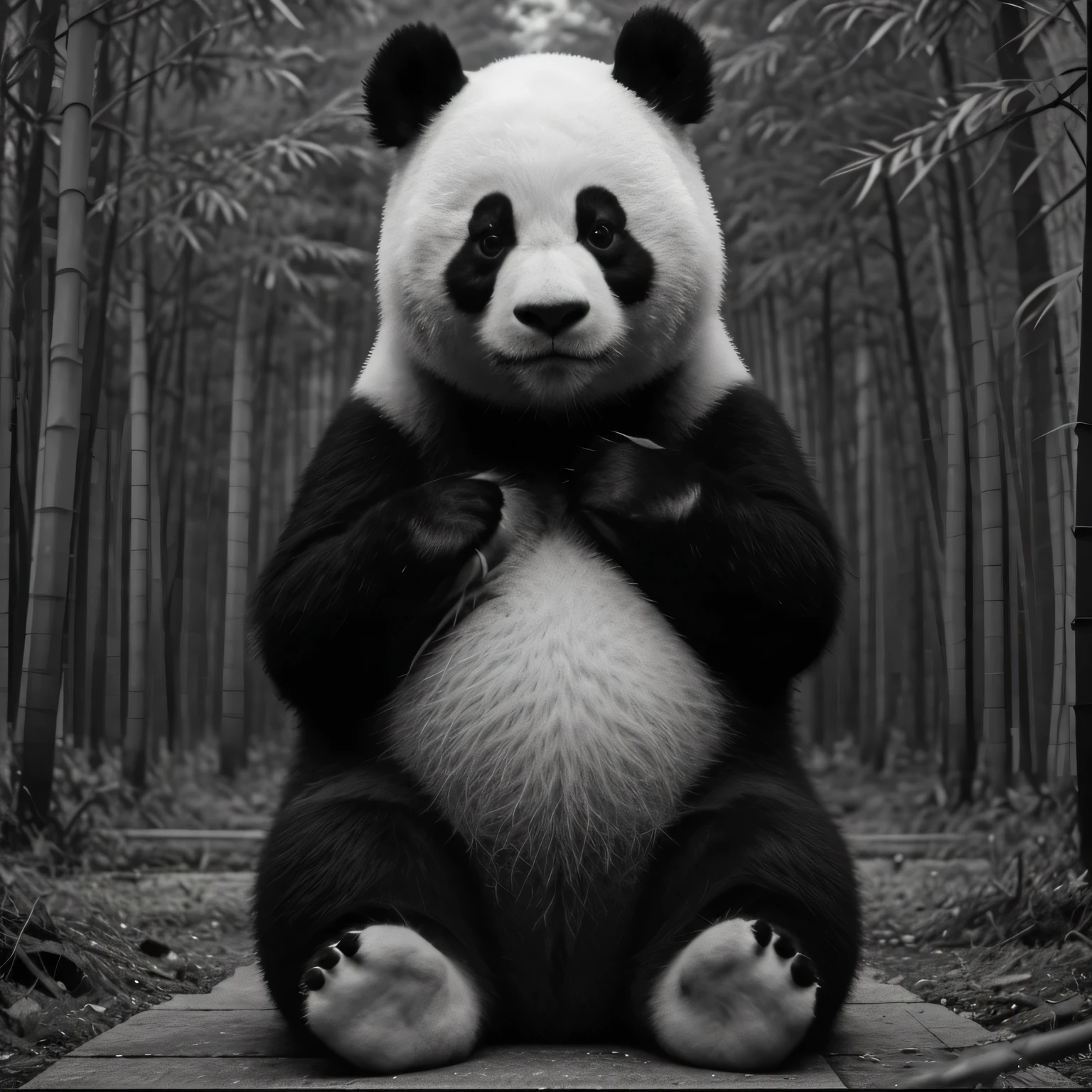 monochrome photo, monochrome, grayscale, Giant Panda, bamboo forest