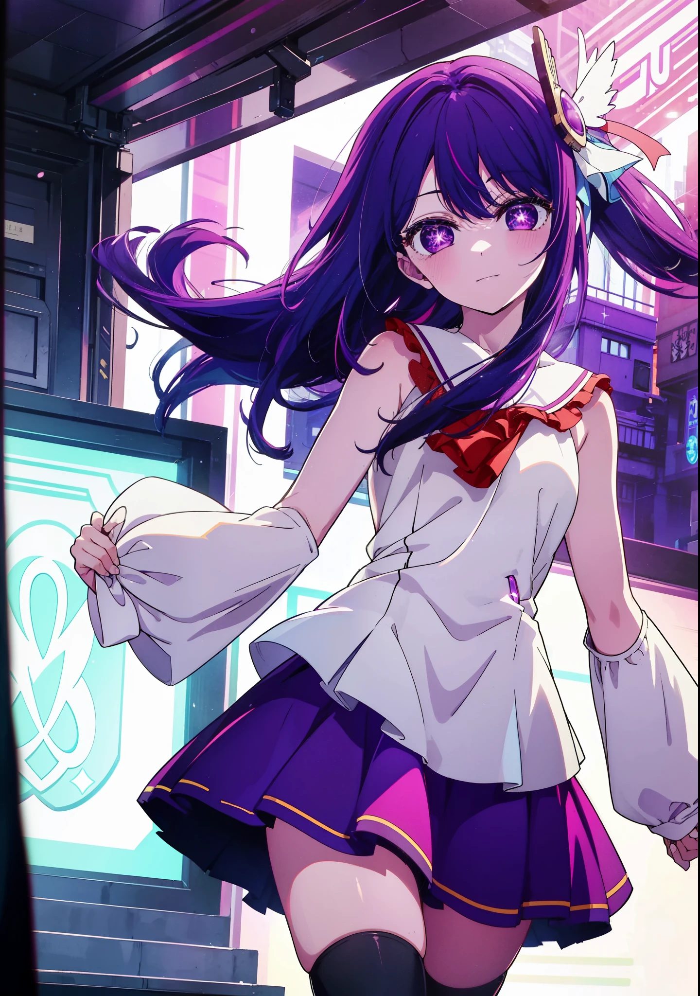 aihoshino, Ai Hoshino, Long Hair, bangs, (Purple eyes:1.1), Purple Hair, (Symbol-shaped pupil:1.5), smile,Medium chest,happy smile, smile, Close your mouth,Hunting Hat,Purple sleeveless dress,Purple mini skirt,Black knee socks,short boots,
Place your right hand on your hip,Looking up from below,whole bodyがイラストに入るように,
break outdoors, In town,ビル街
break looking at viewer, whole body,
break (masterpiece:1.2), highest quality, High resolution, unity 8k wallpaper, (figure:0.8), (Beautiful fine details:1.6), Highly detailed face, Perfect lighting, Highly detailed CG, (Perfect hands, Perfect Anatomy),