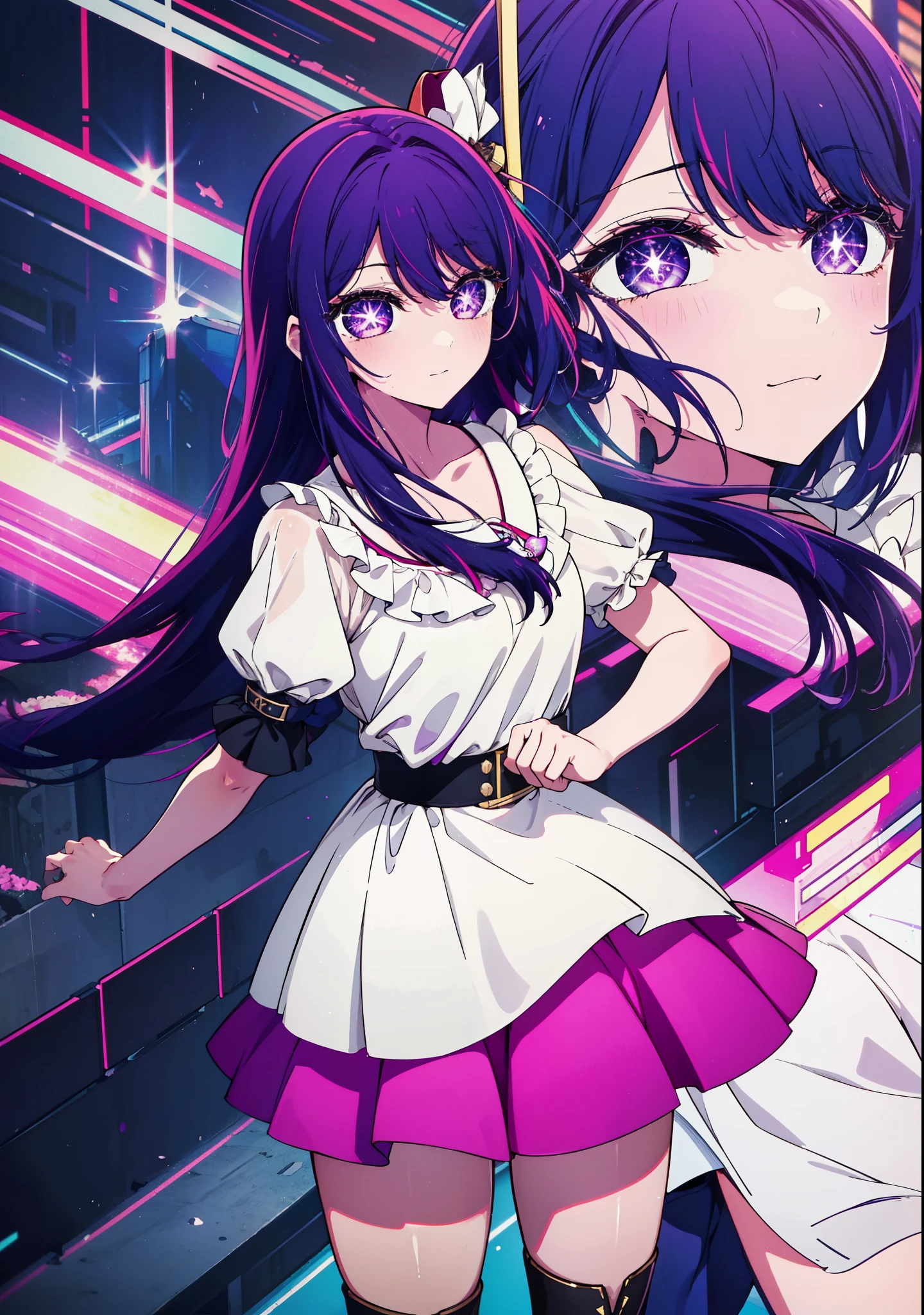 aihoshino, Ai Hoshino, Long Hair, bangs, (Purple eyes:1.1), Purple Hair, (Symbol-shaped pupil:1.5), smile,Medium chest,happy smile, smile, Close your mouth,Hunting Hat,Purple sleeveless dress,Purple mini skirt,Black knee socks,short boots,
Place your right hand on your hip,Looking up from below,whole bodyがイラストに入るように,
break outdoors, In town,ビル街
break looking at viewer, whole body, (Cowboy Shot:1. 5)
break (masterpiece:1.2), highest quality, High resolution, unity 8k wallpaper, (figure:0.8), (Beautiful fine details:1.6), Highly detailed face, Perfect lighting, Highly detailed CG, (Perfect hands, Perfect Anatomy),