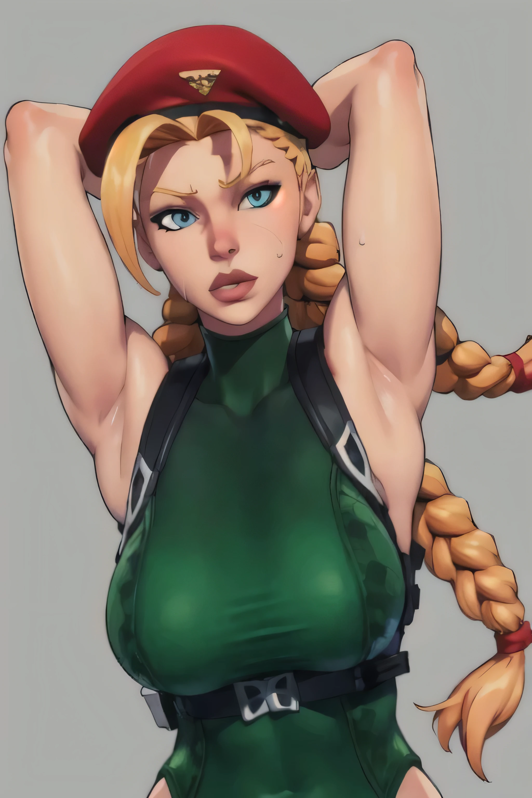 masterpiece,best quality,extreme detail,8k,cammyfn, 1girl, solo, long hair, breasts, blue eyes, blonde hair, large breasts, gloves, hat, upper body, braid, ahoge, twin braids, leotard, lips, makeup, beret, scar, antenna hair, nose, harness, huge ahoge, green leotard,sleeveless,arms behind head,armpit,armpits,sweaty,sweat,arms behind head,exhausted,sleeveless,cross eyed,sweaty armpits