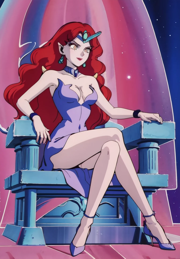 QueenBeryl, evil smile, (magical, magnificent, masterpiece:1.3), full body view, purple long dress, crown, decollete, white pale skin, long curvy hair, front view, sitting, on thrones, sexy, spread legs, pussy, shy