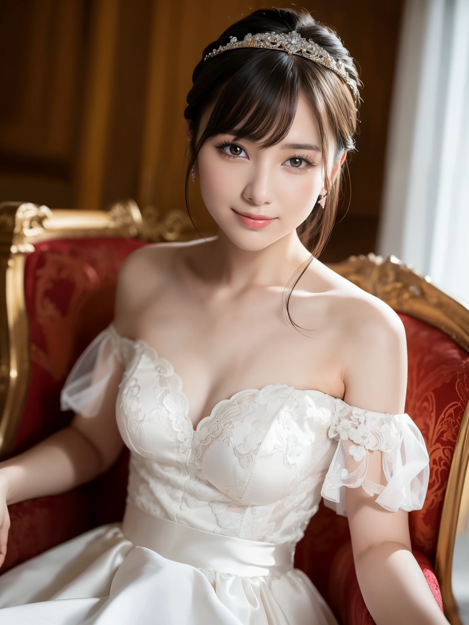 (highest quality:1.5)、(Realistic:1.5)、(1 person:1.5)、(Medium Shot:1.5)、Very detailed、High resolution、8k wallpaper、、Small breasts、Natural color lips、Cute Smile、Japanese women、20-year-old girl、Beautiful and elegant face、Perfect and beautiful face、Large, balanced eyes、Brunette's eyes、Beautiful and elegant face、Beautiful double eyelids、Natural Bangs、Beautiful thin nose、Beautiful Skin、Fair skin、Medium Bob Hair、Natural Bangs、Perfect and beautiful face、Slim face and figure、(Looking at the camera with a sweet smile)、Bright lighting、Professional Lighting、Forward lighting、tiara、(Wearing a white mini-skirt wedding dresedieval castle、Audience Chamber、(He poses while sitting on a luxurious chair that resembles a castle throne.)、Pure white off-the-shoulder wedding dress、