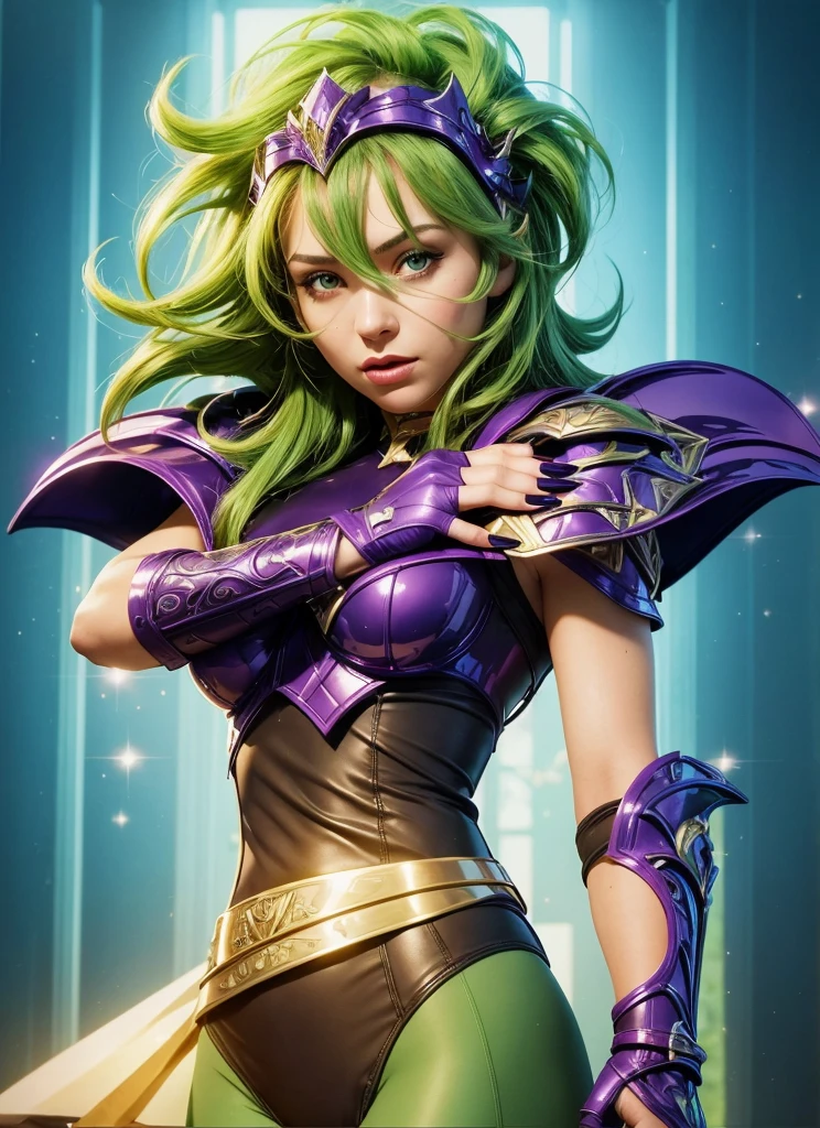 Highresolution, hyper-realistic. Masterpiece, partial-body of beautiful woman about 20 years old. starring the viewer. slightly low-side view of face. slightly looking down, fragile expression, 1girl, Italian, big green eyes, detailed face, beautiful face, delicate nose, delicate lips, short ((green hair)), messy hair, ((bangs)), tiara in the format of a head of sneak at top, wearing a purple armor, (purple metallic armor), chrome purple armor, (detailed armor), (ornate armor), leather brown colan, yellow belt tied around the waist, green tide pants. Purple metallic armor protection on left arm/hand, purple glove at right hand. ((Long black nails on right hand)). (((porcelain facial full face mask on right hand))). (perfect right hand), (perfect right fingers). starry night sky background. Cinematic light.