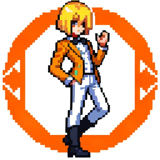 Pixel art, full body, facing left (important), alone, standing upright, long sleeve tuxedo with open front, boots. Hair color: Light medium blonde bob with parted bangs. Clothes: He wears an orange long-sleeved tuxedo with an open front and a yellow vest underneath. Trousers: white pants. Shoes: Yellow boots.