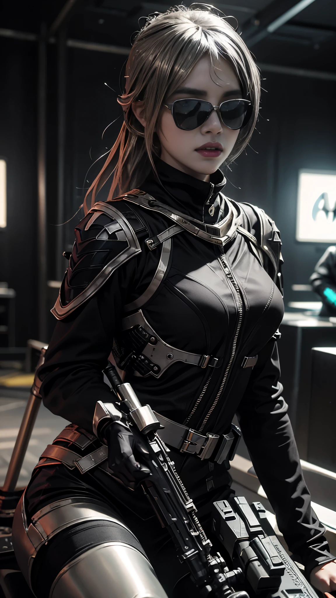 8K, UHD, masterpiece, 1 girl, detailed face, smart face, ((sunglasses)), detailed eyes, sniper rifle in hand, battleroyal, call of duty cosplay, call of duty modern warfare 3, ((ghost tribe)), ((silver and black cosplay:1.5)), belts, gun, methic gun, futuristic art, cyberpunk lihting, ultra extreme graphics, RTX 4090, ray tracing, bloom, depth of field, motion blur, sitting,
