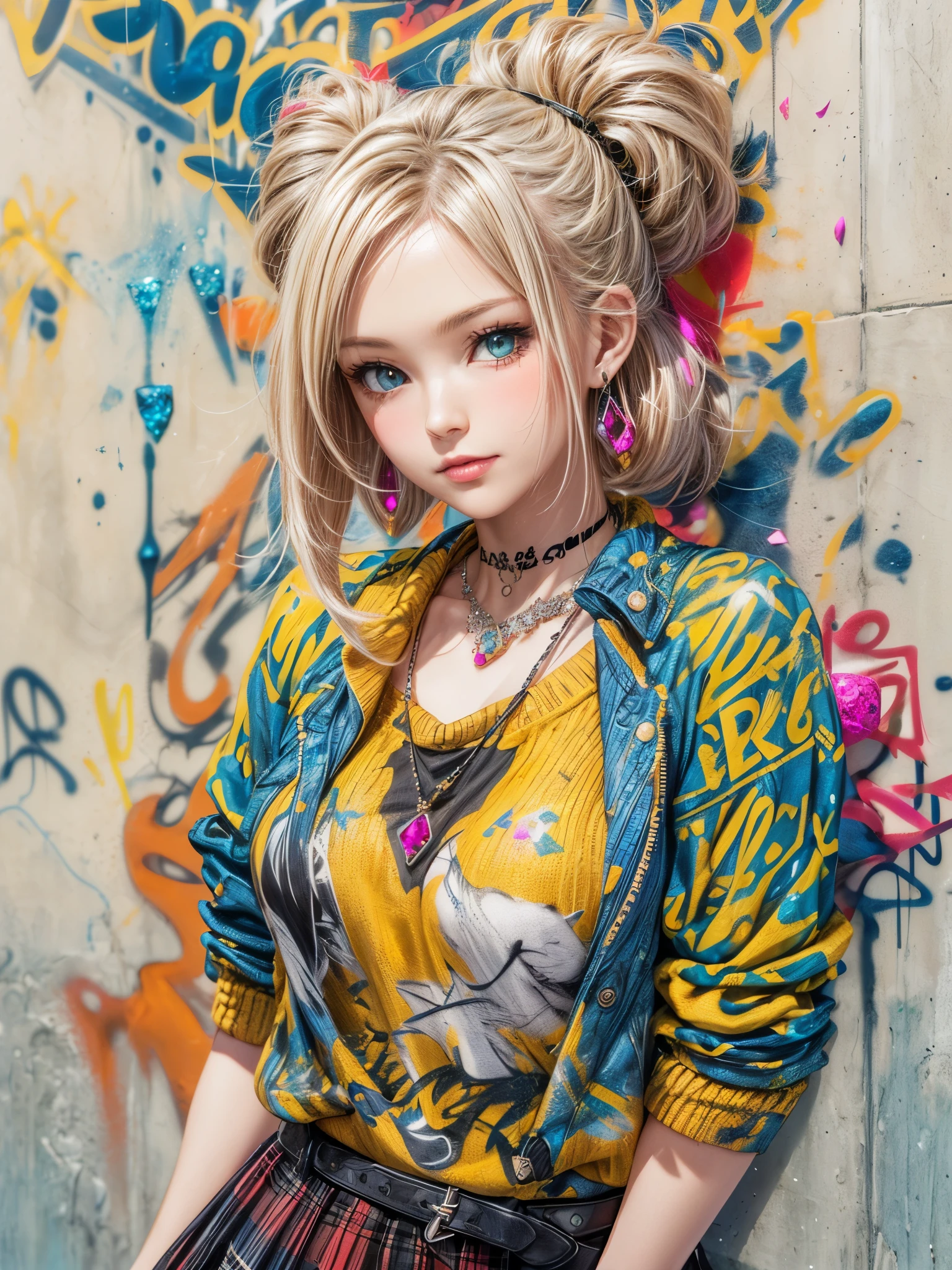 (highest quality),(Very detailed, High resolution, Very detailed:1.5), One Girl, (8K background), (Abstract),Breathtakingly beautiful,(Beautiful duck face:1.2),blush,A shy smile,(Slender and beautiful body:1.3),mandala tatoos,break (Low Twintails,Shiny straight blonde short hair:1.4),(Cobalt blue eyes:1.3),(necklace:1.2),(Earrings:1.2), (typography, lettering arts:1.5), (graffiti art:1.5),(red tone:1.3), (yellow tone:1.3), (blue tone:1.4), (black tone:1.2),BREAK extremely beautiful lady, (angel wings on graffiti art:1.2), ultra detailed tattoo,BREAK (wear a knit-sweater over a black shirt:1.3), (red tie:1.3),
shirt dress, statement belt, ankle-strap heels,
(tuck-out skirt:1.3), (skirt pull up:1.3), BREAK white background, (gems and jewelries in background:1.5),(tree branches, leaves, flower petals:1.2), (ink splash on concrete wall:1.3), concrete wall, (rough concrete texture:1.3),