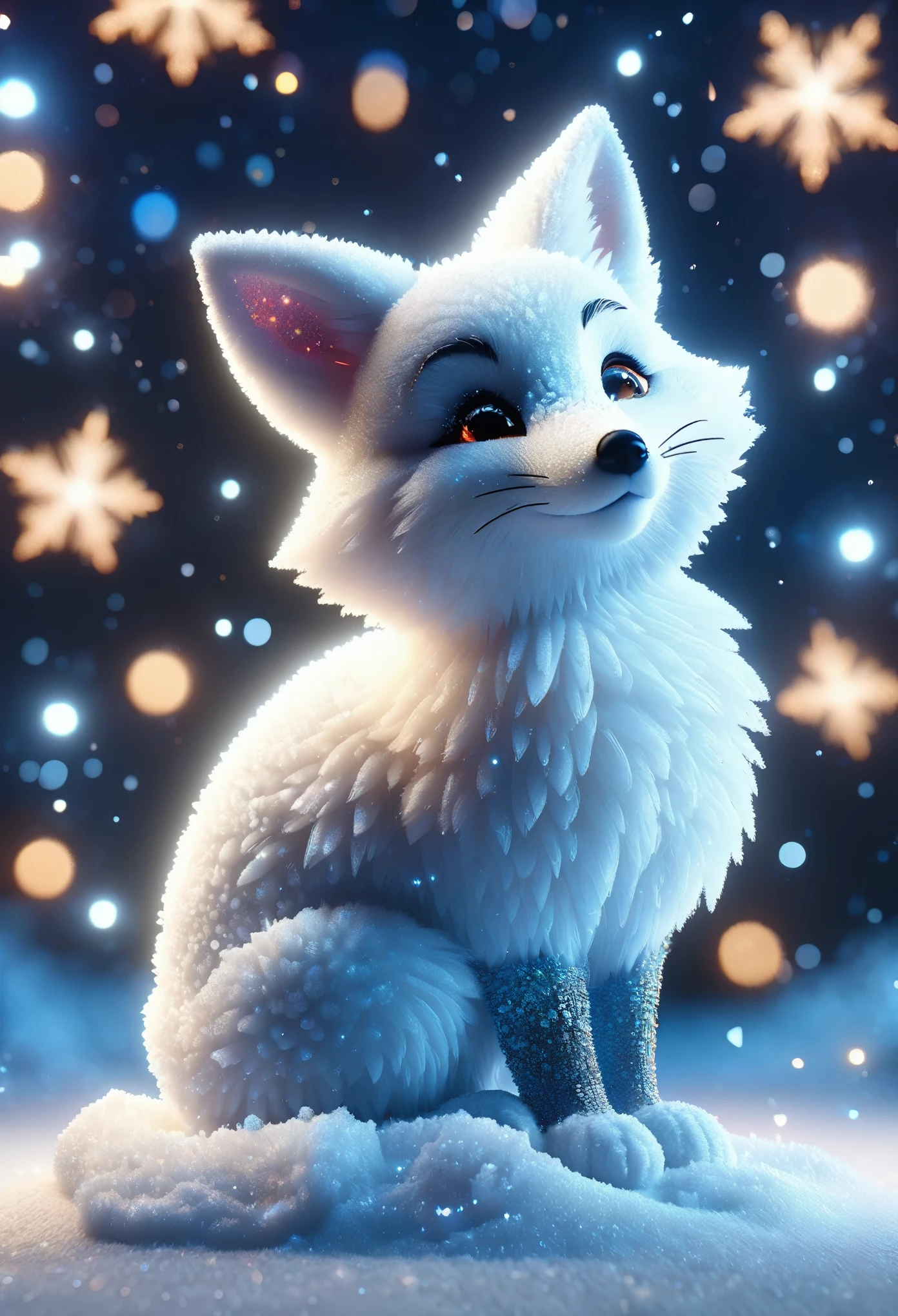 cartoon style a cute snowfox,realistic,christmas backround,bokeh,glowing effect,particle effects,cinematic shot,highly detailed,SnowStyle,