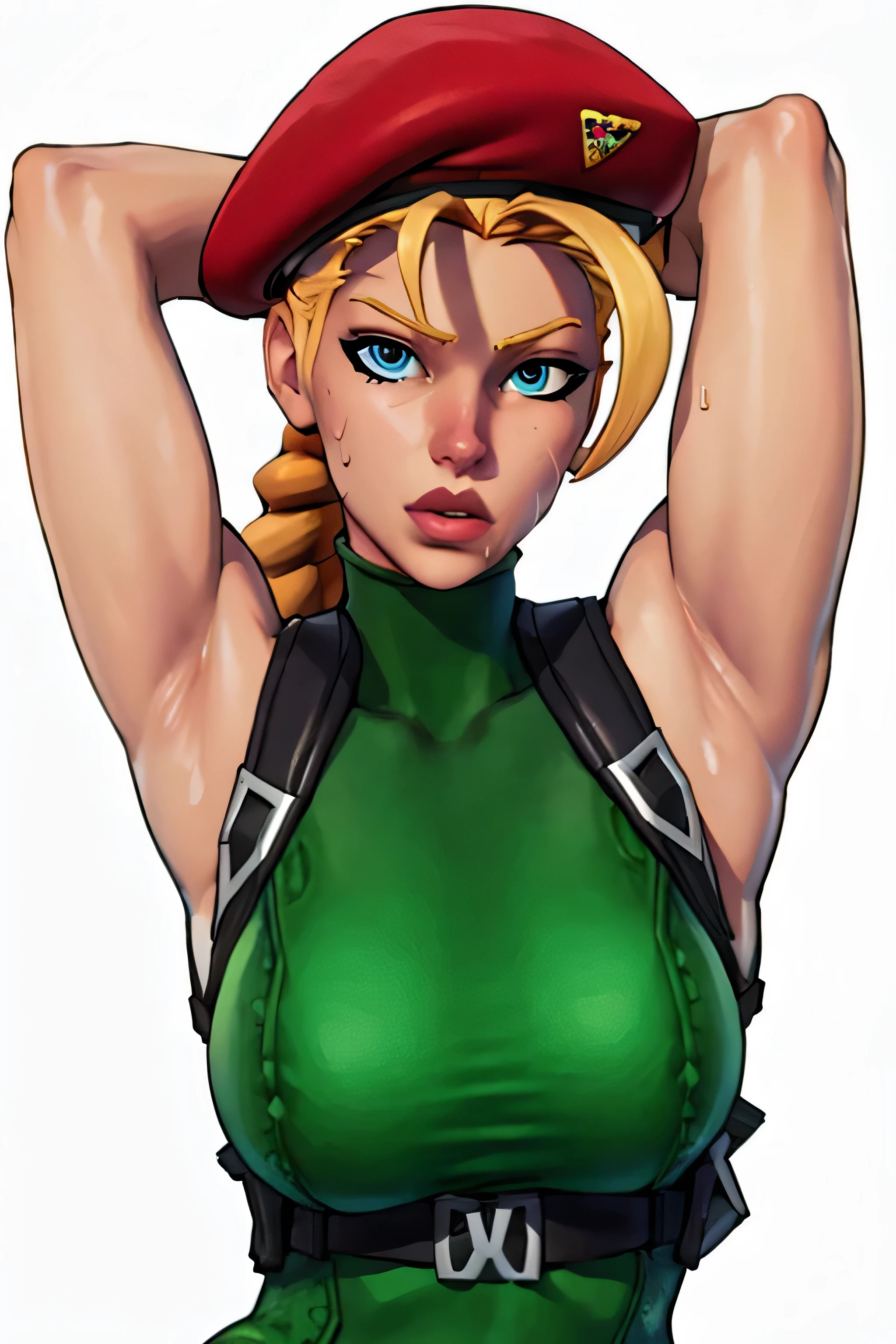 masterpiece,best quality,extreme detail,8k,cammyfn, 1girl, solo, long hair, breasts, blue eyes, blonde hair, large breasts, gloves, hat, upper body, braid, ahoge, twin braids, leotard, lips, makeup, beret, scar, antenna hair, nose, harness, huge ahoge, green leotard,sleeveless,arms behind head,armpit,armpits,sweaty,sweat,arms behind head,exhausted,sleeveless,cross eyed,sweaty armpits