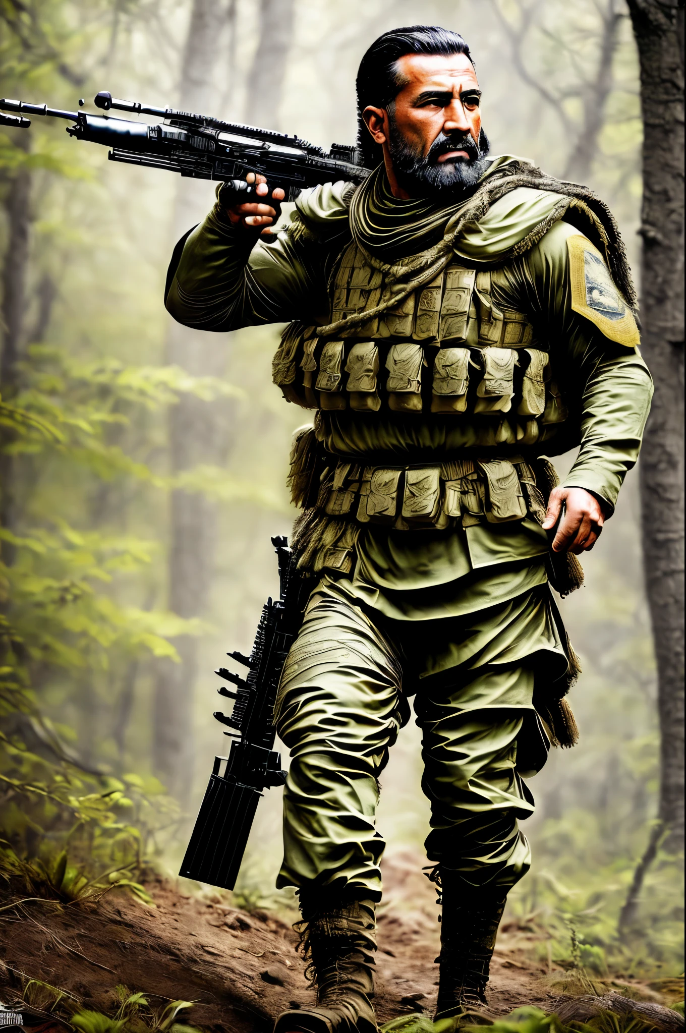 ((mejor calidad, 8K, obra maestra :1.3)), 1 soldado, hombre armado en una selva boscosa. :1.3, (ejercito ,uniforme tactico :1.2), atuendo tactico :1.2, Cara ultra detallada, ojos detallados, cansado