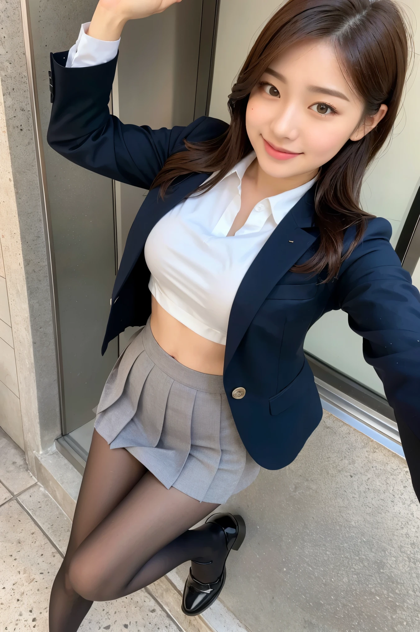 ((Best of the highest quality, 8k, Masterpiece, raw photo: 1.2)), (Sharp focus: 1.2), (1 AESPA, slim body type female, 21 y/o: 1.1), (Solo: 1.28), (realistic, photo-realistic:1.37), face focus, cute face, finely eyes, (droopy eyes: 1.32), (Emphasize prominent aegyo-sal with bright: 1.2), shimmering eyeshadow applied under the lower lash line, paired with thick, (small breasts, flat chest, Thigh: 1.3), (short bob hair, bangs: 1.28), (wearing navy blazer, panties: 1.32), (ribbon: 1.1), walking terrace dining, flower, (from behind: 1.16)