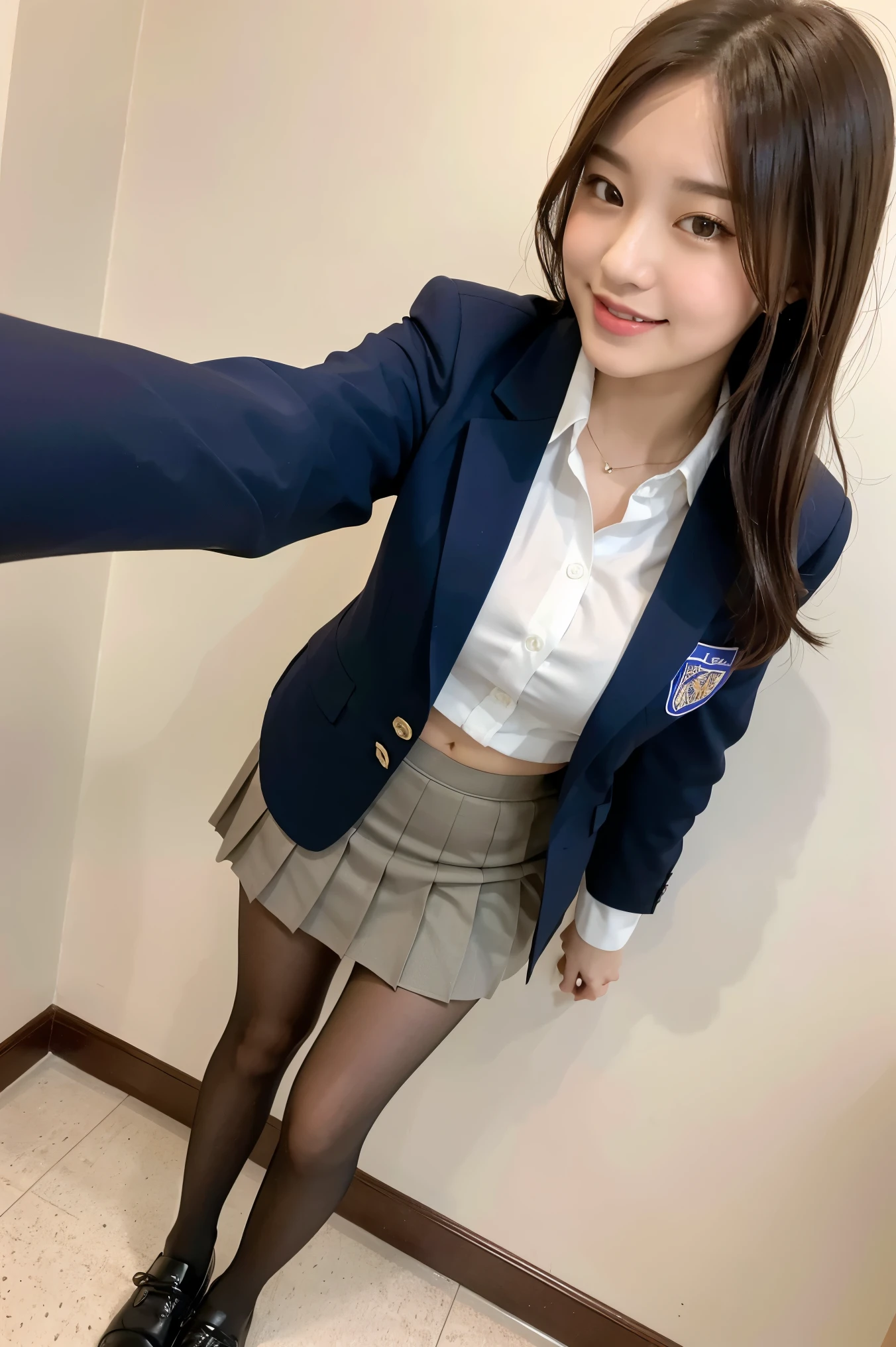 (8k), (highest quality: 1.2), (Realistic), (Realistic: 1.37), Ultra-high resolution, 1 girl, cute, smile, Mouth closed, Beautiful details, Beautiful Nose, whole body, Wet Hair, Giant Dulcefo, pork, Thighs,Selfie,Navel exposed,University Student Uniform,A simple blazer,Pleated skirt,Platform boots,Are standing, natural pantyhose