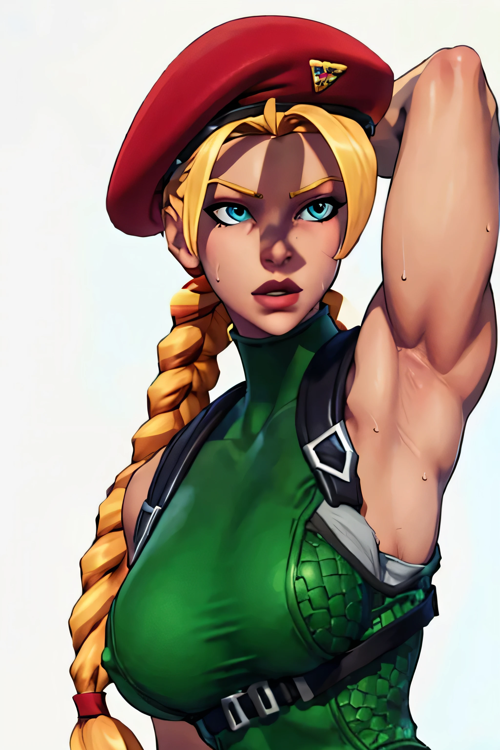 masterpiece,best quality,extreme detail,8k,cammyfn, 1girl, solo, long hair, breasts, blue eyes, blonde hair, large breasts, gloves, hat, upper body, braid, ahoge, twin braids, leotard, lips, makeup, beret, scar, antenna hair, nose, harness, huge ahoge, green leotard,sleeveless,arms behind head,armpit,armpits,sweaty,sweat,arms behind head,exhausted,sleeveless,cross eyed,sweaty armpits