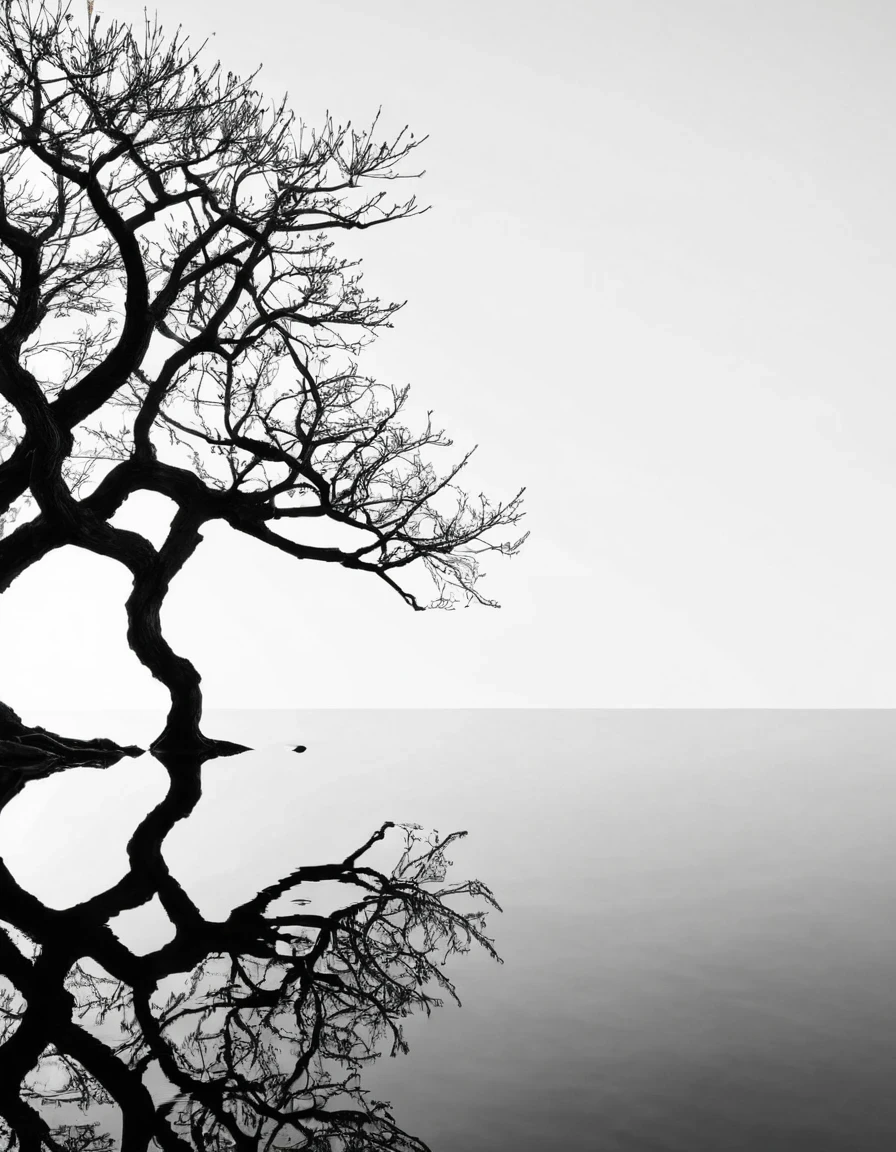 Professional black and white,Branches,Reflection, Zen minimalist aesthetic, desktop wallpaper