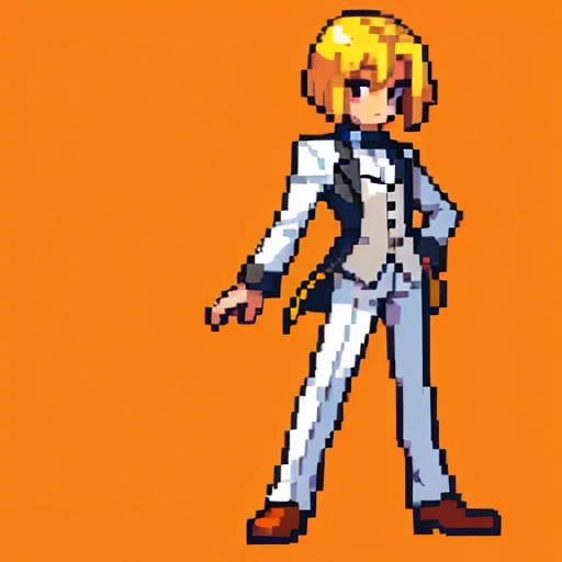 Pixel art, full body, facing left (important), alone, standing upright, long sleeve tuxedo with open front, boots. Hair color: Light medium blonde bob with parted bangs. Clothes: He wears an orange long-sleeved tuxedo with an open front and a yellow vest underneath. Trousers: white pants. Shoes: Yellow boots.