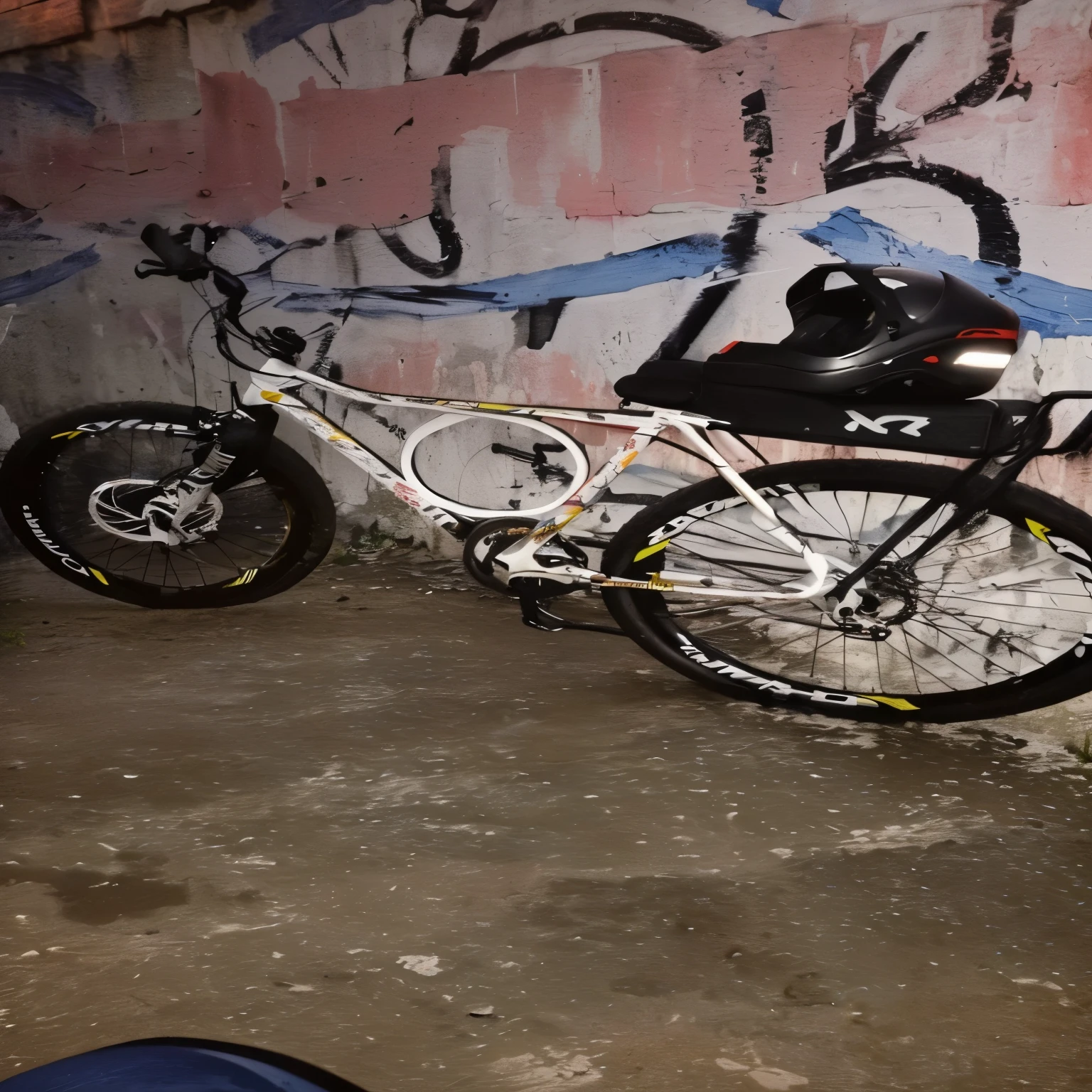 there is a bicycle and a helmet next to a wall, luz de aro forte!!!!!, bicicleta, aro lght, totalmente funcional, really trying to ride it, frente cheia, uncut, electric rabbit, hand drawn, hiper detalhado, detalhado!!, hyper detalhado!!, photo taken at night, hiper descaracterizado, captura de tela ampla, tirada durante a noite