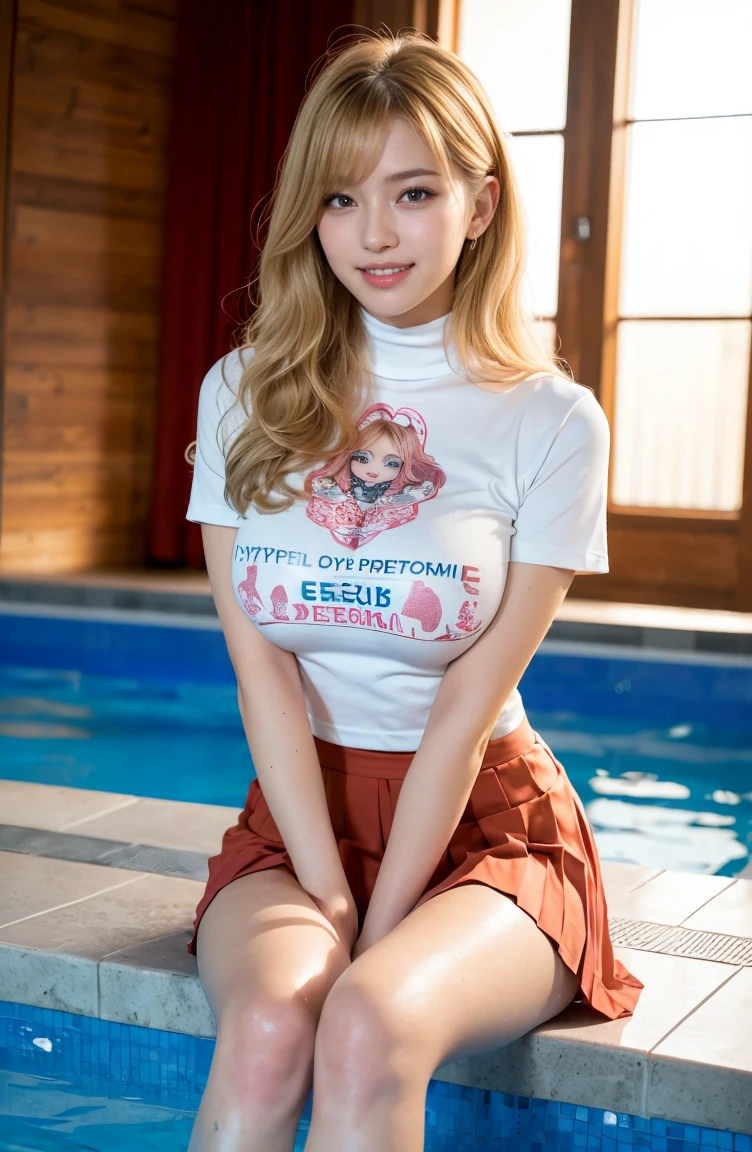 (((neat woman,(from below),Bright-eyed excitement,((kind big smile)),blush,blush,red cheek,please touch me,tempting viewer,i want you))),((from below,looking down,sitting down, both hands are in the crotch,i can see your panties and underboob)),((((blush,red cheek)))),(cinematic lighting), (Photo real:1.4)、(A hyper-realistic:1.4)、(Photorealistic:1.3)、 (gentle lighting: 1.05)、(Improve the lighting quality of your video:0.9)、 32k、25years old woman、photorealistic lighting、Back lighting、Facial Lights、Ray Trace、(bright:1.2)、(Increase quality:1.4)、 (best quality real texture skin)、Fair eyes,delicate face、 Close-up of the face, (((Wearing the printed high-neck t-shirt,(no printed pleated skirt),high-heel))),(Bodyline mood improvement:1.1)、Glossy skin、Korean Idol、Nogizaka Idol、good figure,perfect anatomy,Beautiful actress,(((beautiful huge breasts,underboob,slender waist,slender hip,long slender legs,8heads tall))),(((8heads tall))),(((blonde wavy hair,curtain bangs))),(((sweat skin,shiny skin,in the beautiful modern pool,super clean night view,in the night))),