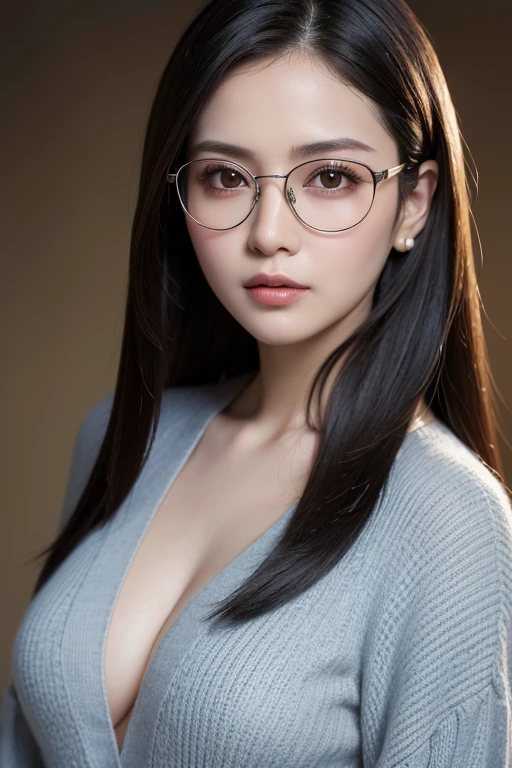 8k, highest quality, masterpiece, realistic, Photoreal, super detailed, Natural light, well-shaped chest, 1 person, 35 year old female, black hair, medium length straight hair, silver rim glasses, ((look into the viewer's eyes)), pendant, ((((gray knit V-neck shirt)))), highly detailed face and skin, detailed eye, highly detailed face and skin