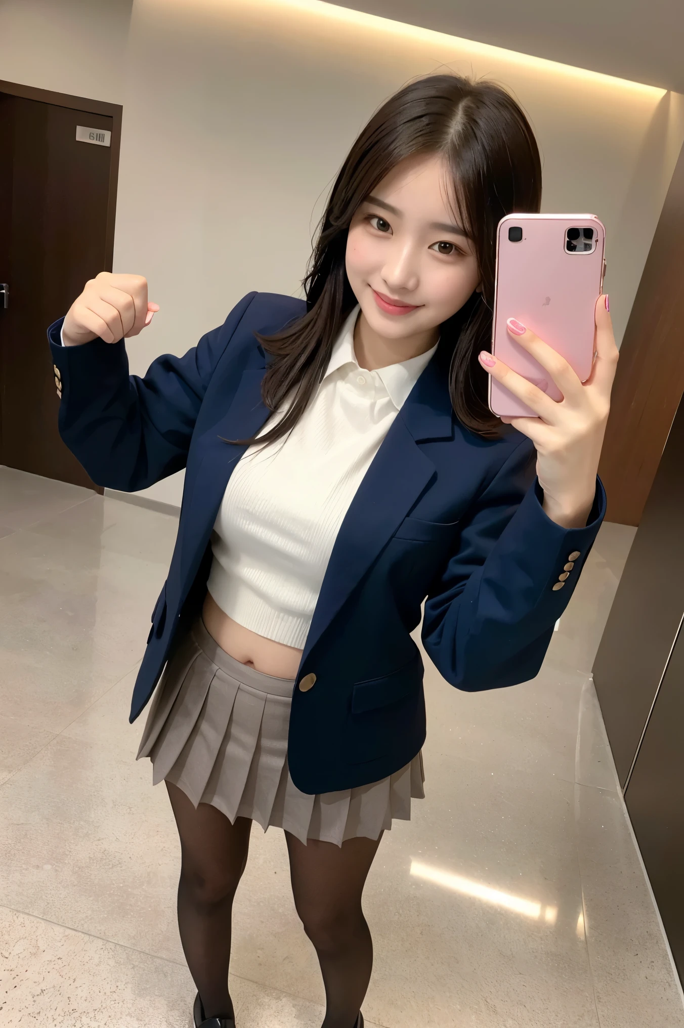 (8k), (highest quality: 1.2), (Realistic), (Realistic: 1.37), Ultra-high resolution, 1 girl, cute, smile, Mouth closed, Beautiful details, Beautiful Nose, whole body, Wet Hair, Giant Dulcefo, pork, Thighs，Selfie,Navel exposed,University Student Uniform,A simple blazer,Pleated skirt,Platform boots,Are standing,Opaque tights,