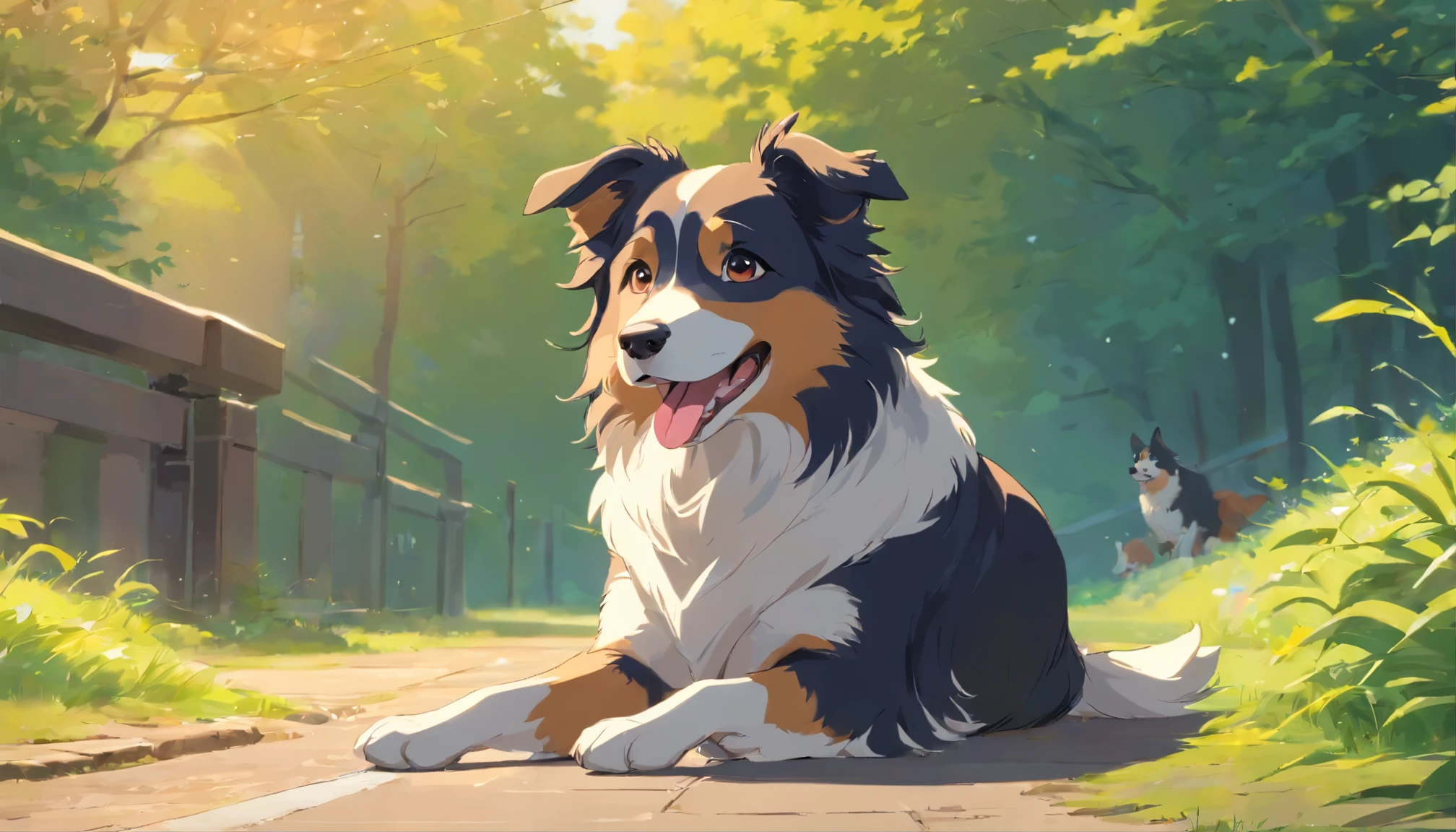 A dog sits on the ground，border collie，Extremely quality，Long very handsome，Open your mouth happily