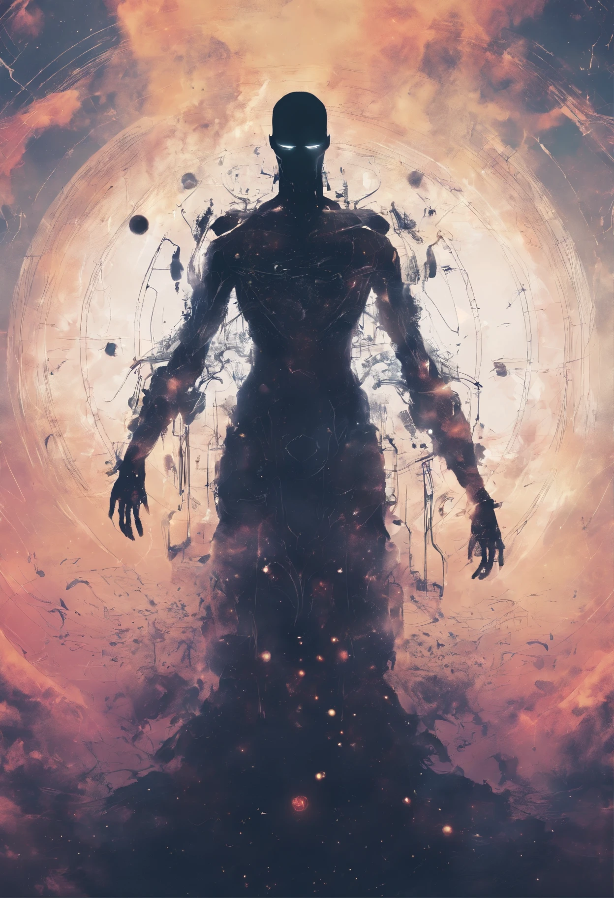 A being with a humanoid silhouette made of cosmic matter, half body, masterpiece, high quality, solo leveling style