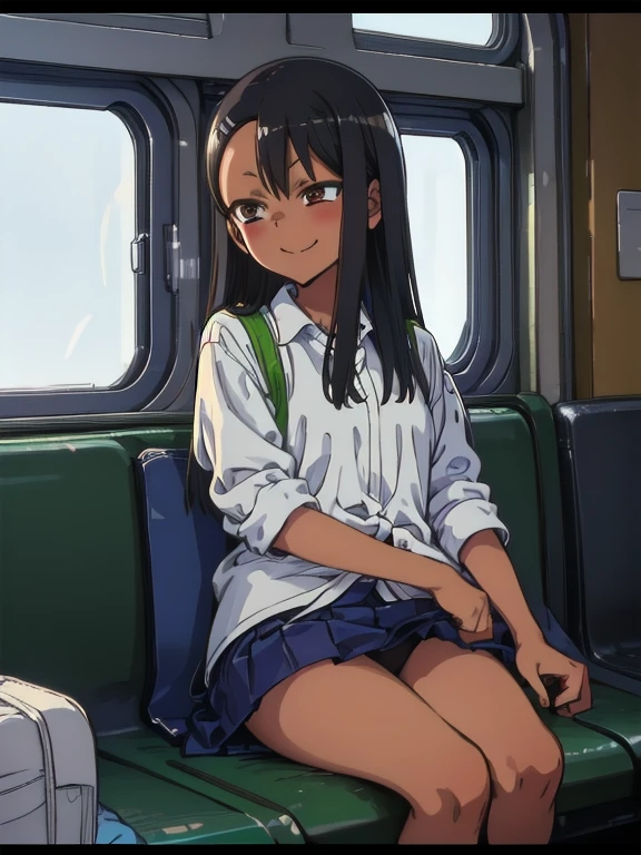 (1) Sitting alone on a long seat in a train,Sit with your legs apart,Composition from the front,Low - Angle,
(2) I'm a jk,She is wearing a uniform consisting of a miniskirt, sailor suit and loose socks.,Showing white panties,
(3) I have medium length brown hair,
(4) The expression is provocative and smirking.,
(5) The location is a long seat on the Yamanote Line at night.,There are no other customers,The view outside the window is the night view of the city