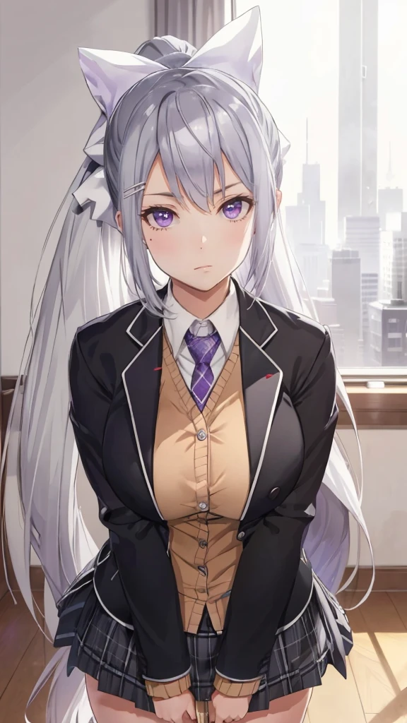 Higuchi Kaede, big , ponytail, silver hair, purple eyes, hairpin, bunny girl, white ribbon, black knee-high, shy, staring, beautiful eyes, top image quality, 8K