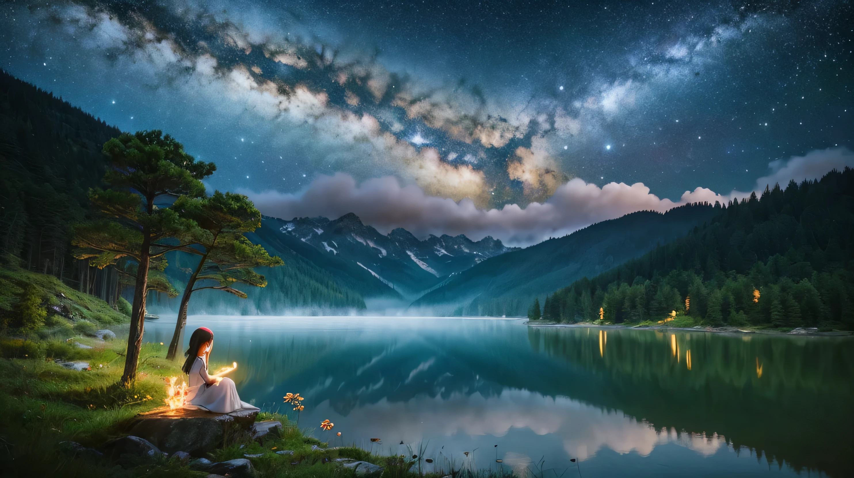 Dreamy landscapes, mountainous areas, fog, gloomy forests, quiet lakes, star-filled skies, fairies, and beautiful girls.anime
