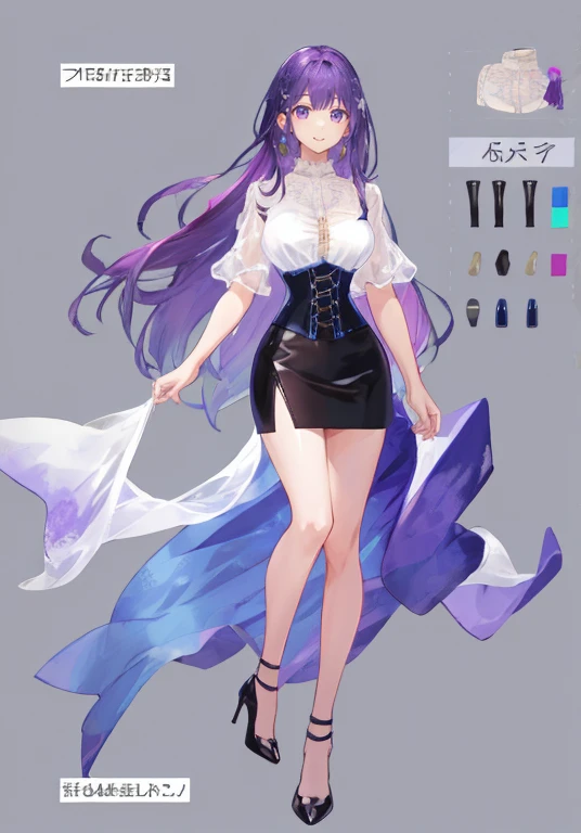 Purple hair,voluminous long hair,Adult female,(suit),See-through shirt,See-through tops,((Roll up your sleeves)),(Corset),(Tight skirt),(high heels),The heel is visible,((Simple background)),Smile,((Full body)),((whole body)),Character Sheet,