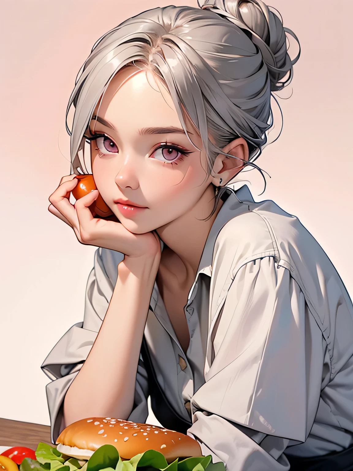 (highest quality,High resolution,Very detailed),Eat a hamburger, Short silver bob hair tied in a bun with a hair clip, Pink Eyes, hamburger, lettuce, fruit, tomato, Onion, Bokeh Background, Depth of written boundary, vegetables, cheese、table