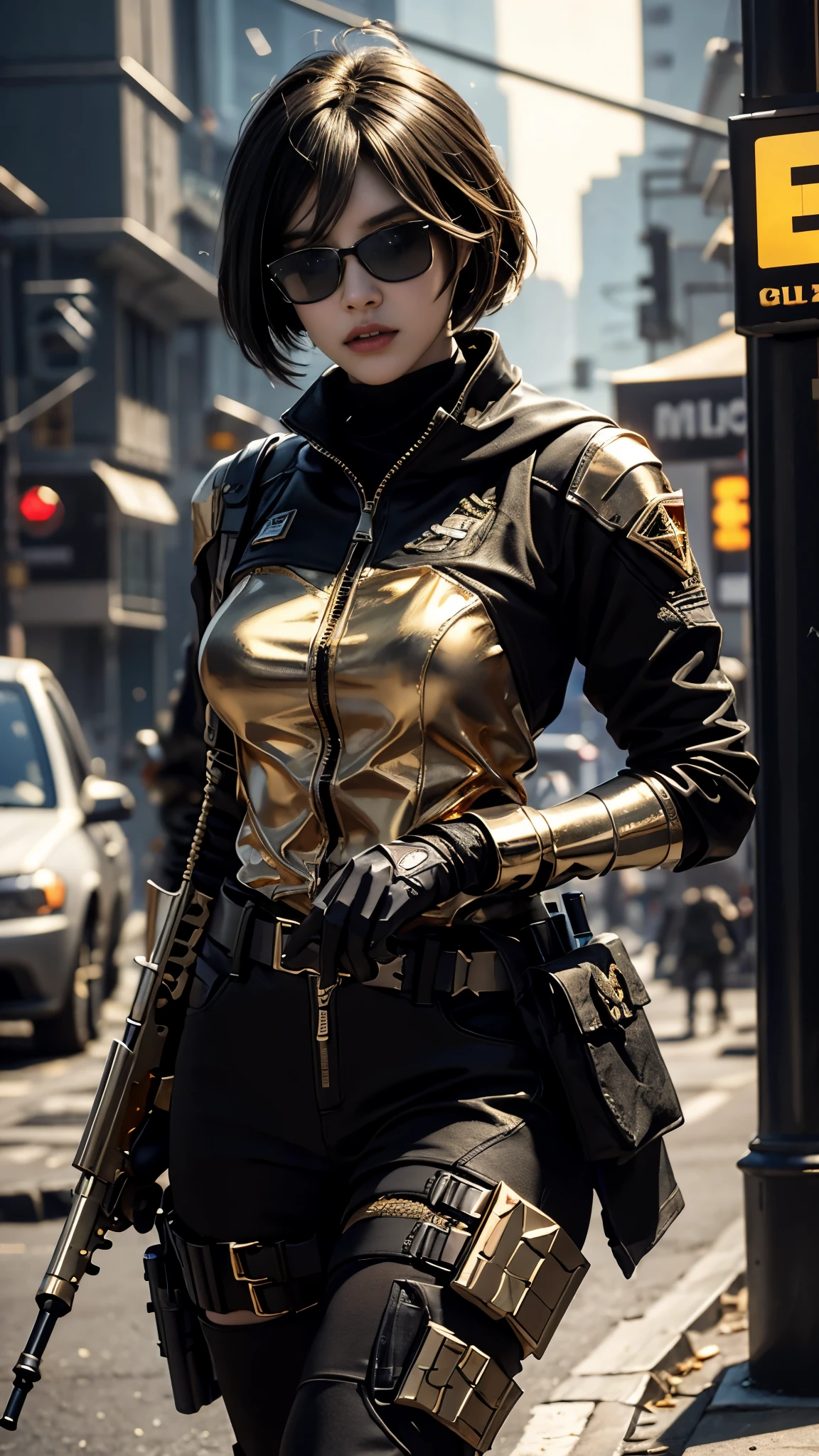 Highest image quality, outstanding details, ultra-high resolution, (realism: 1.4), ((cowboy shot)), the best illustration, favor details, highly condensed 1girl, (cyberpunk, cyborg), a delicate and beautiful face, (short hair), ((standing straight and stiff)), (wearing baggy spacesuit with ring-helmet-disconnecter, attached black and gray mecha, yellow pipes and codes, flanges on spacesuit), (cyberpunk gasmask), (mark radioactivity-hazard-symbol), ((revealed only head)), ((sorrow)), nobody rocket-launcher platform