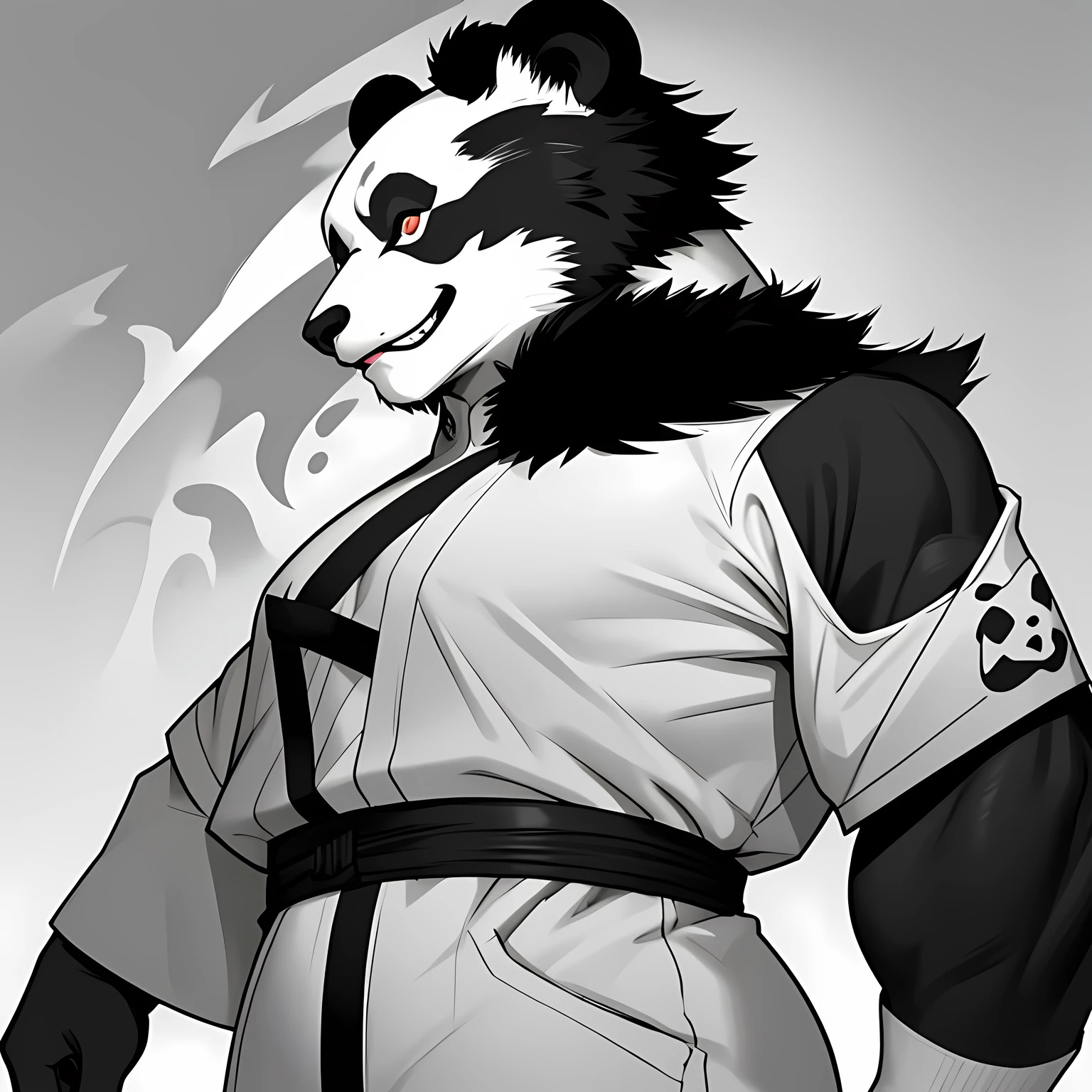 Monochrome illustration, Grayscale, Giant Panda (Masterpiece, 8K, hyper-realistic, best quality, art by Chunie), a massive anthropomorphic panda with a distinctively angry expression, dressed in white pants with a black waist strap. The panda has a fat, round body, and is posed in a side view, with a calm and collected posture. Its large, beautiful eyes are adorned with long, luxurious eyelashes, and it has a sultry, tempting smile. Its thick, shiny fur covers its chubby body, and it sports short updo hair and beautifully done makeup, complete with eye shadow and glossy lipstick. 