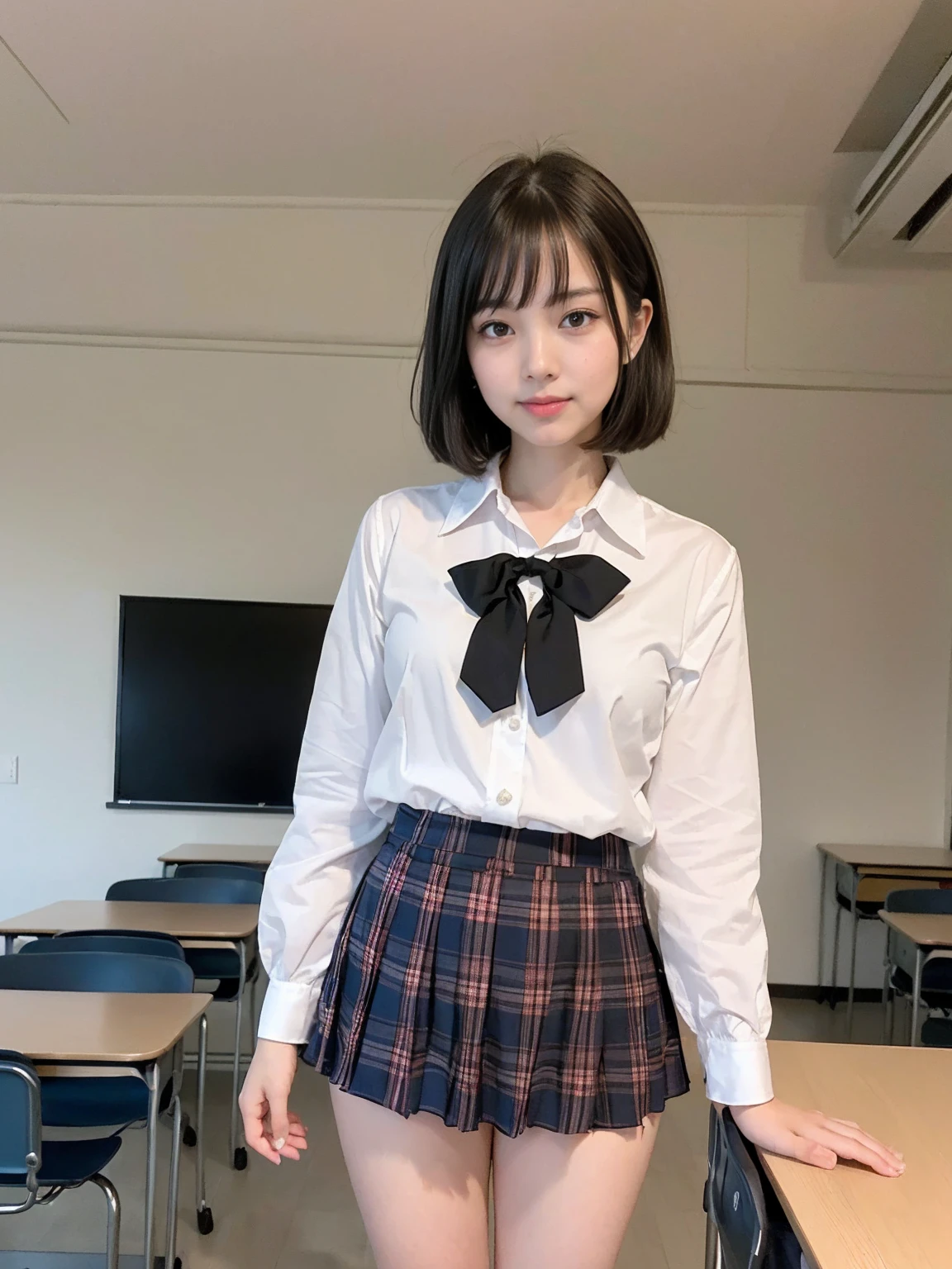 ((Highest quality, 8K, On the table: 1.3, original photo)), Clear focus: 1.2, (1 AESPA girl :1.1), Solitary, (Practical, Reality: 1.37), (Face focus: 1.1), Cute face, Ultra-fine face, Messy short hair, Little Smile, Small Breasts, (Chiffon school uniform: 1.3), Rolled up plaid skirt, (((view all))), (((The skirt is definitely worn))), (((Lift up your skirt)))、Panty focus, (((站立時Lift up your skirt向鏡頭炫耀內褲))), thigh, (classroom: 1.2), flower, Cattleya